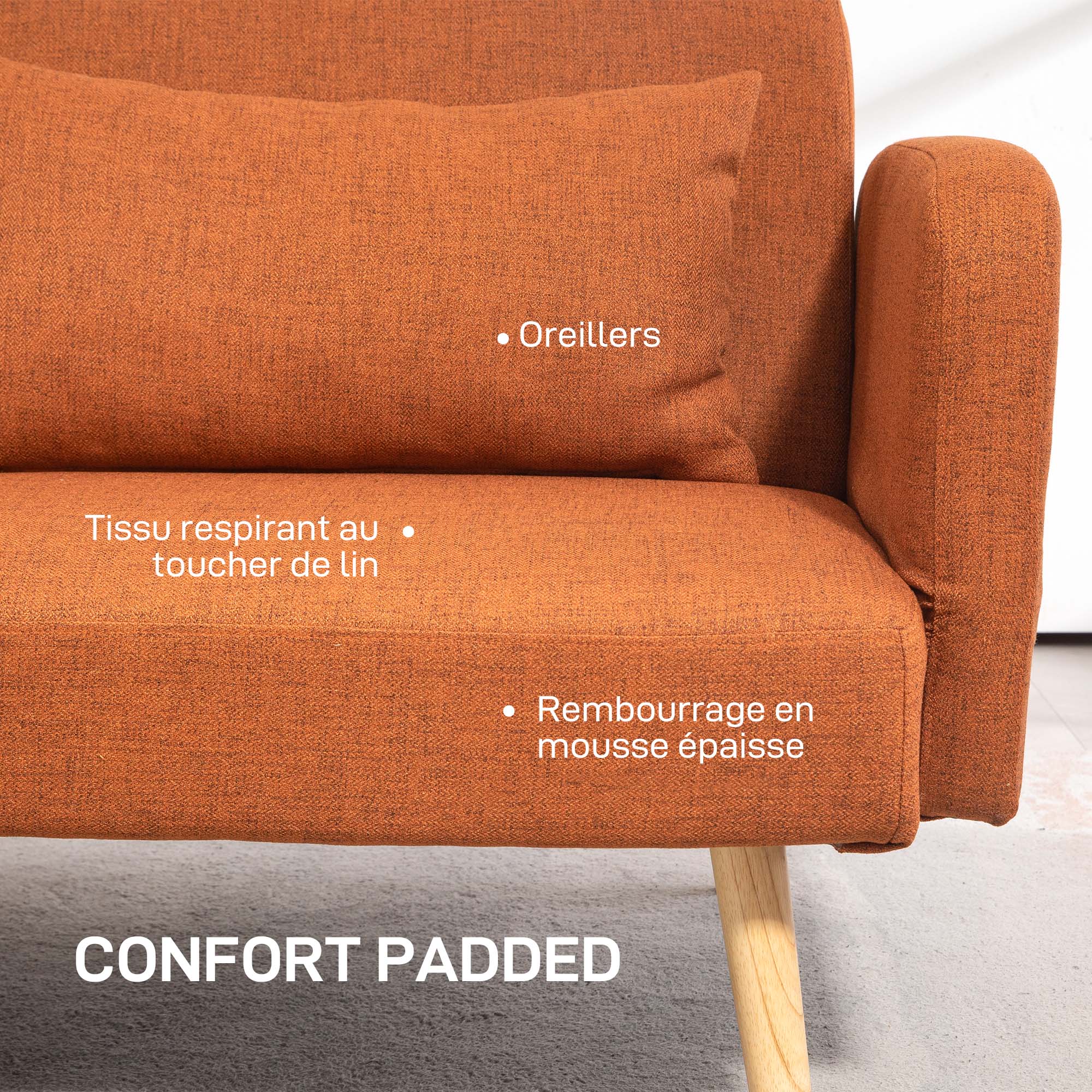 Canapé convertible 3 places, canapé-lit 2 places, dossier inclinable et accoudoirs réglables, clic clac en tissu effet lin, pieds en bois massif, 2 coussins lavables, marron - Image 6
