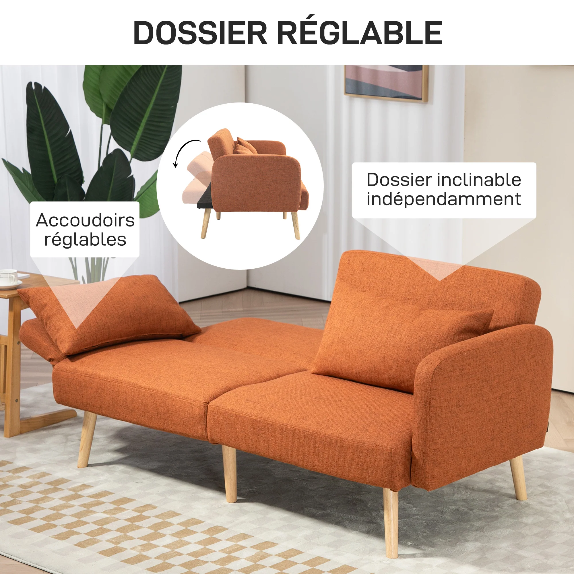 Canapé convertible 3 places, canapé-lit 2 places, dossier inclinable et accoudoirs réglables, clic clac en tissu effet lin, pieds en bois massif, 2 coussins lavables, marron - Image 7