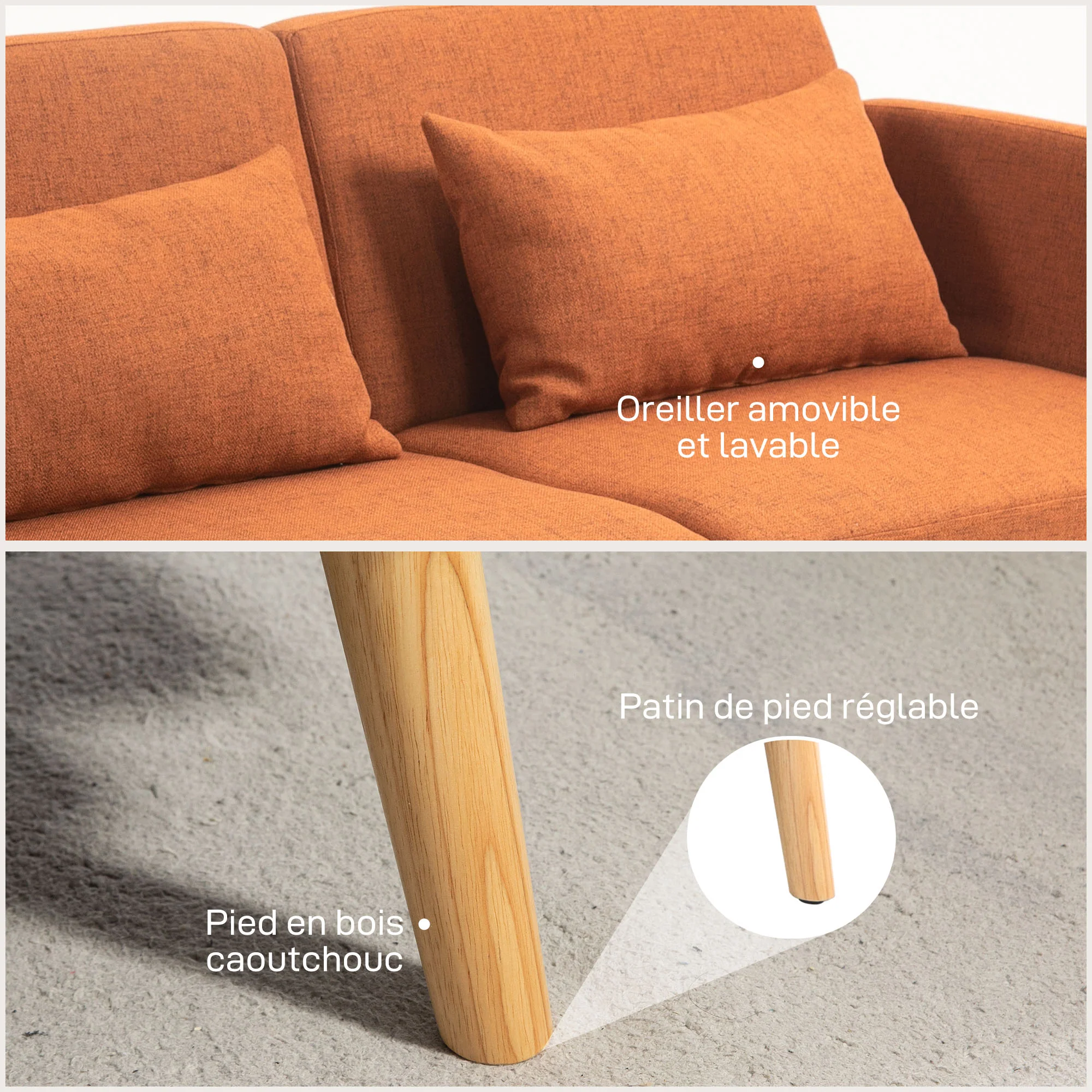 Canapé convertible 3 places, canapé-lit 2 places, dossier inclinable et accoudoirs réglables, clic clac en tissu effet lin, pieds en bois massif, 2 coussins lavables, marron - Image 8