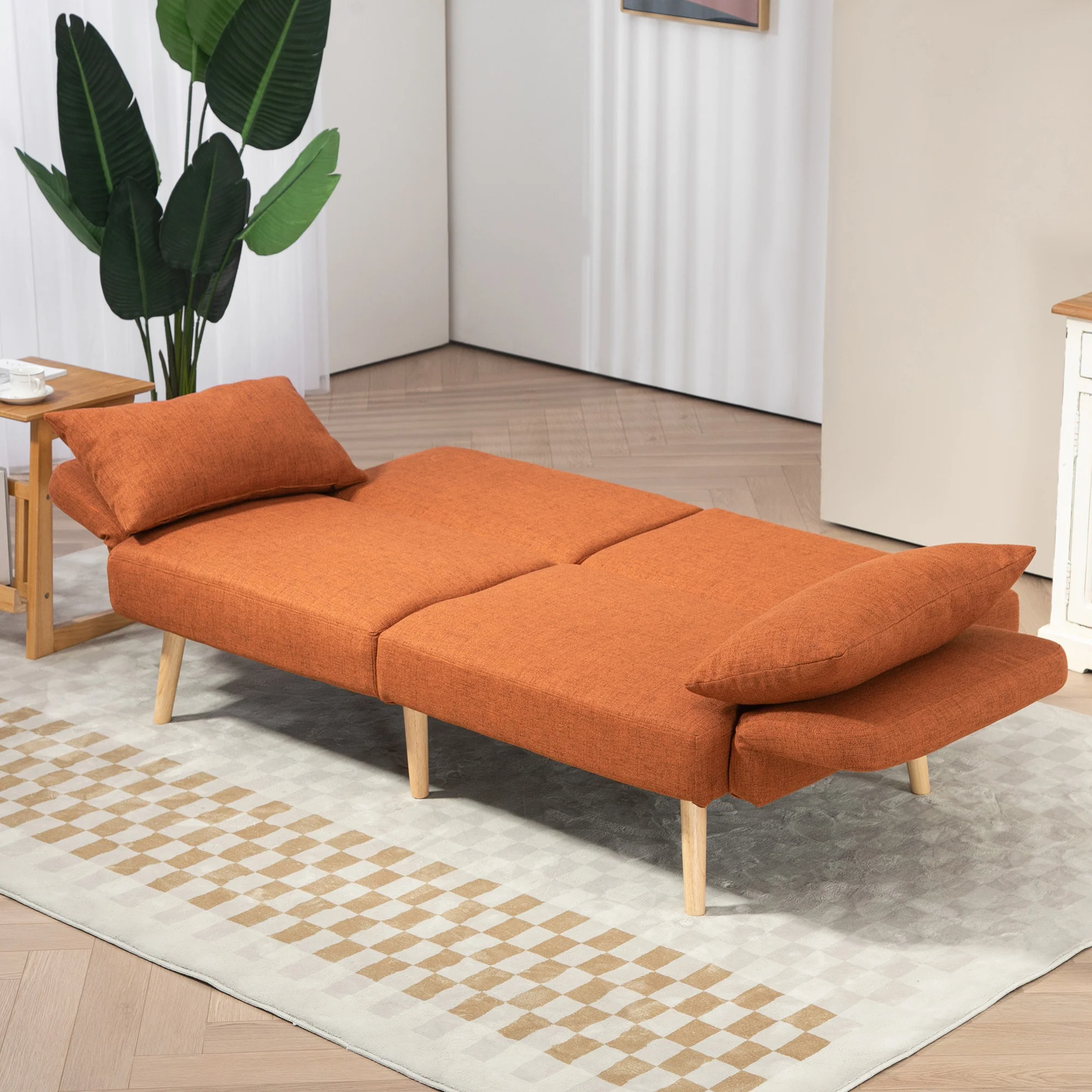 Canapé convertible 3 places, canapé-lit 2 places, dossier inclinable et accoudoirs réglables, clic clac en tissu effet lin, pieds en bois massif, 2 coussins lavables, marron - Image 9