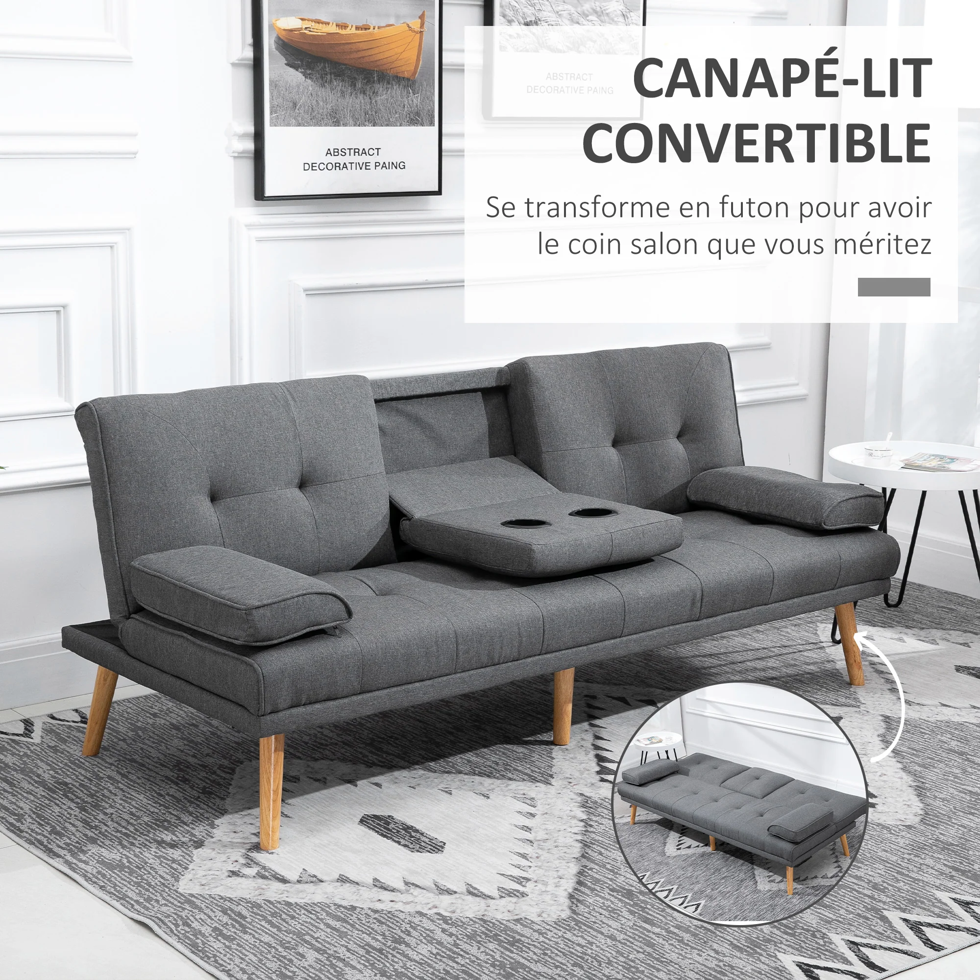 Canapé convertible 3 places canapé-lit design scandinave inclinaison dossier réglable 3 niveaux dossier centrale rabattable 2 porte-verres bois massif lin gris foncé - Image 5
