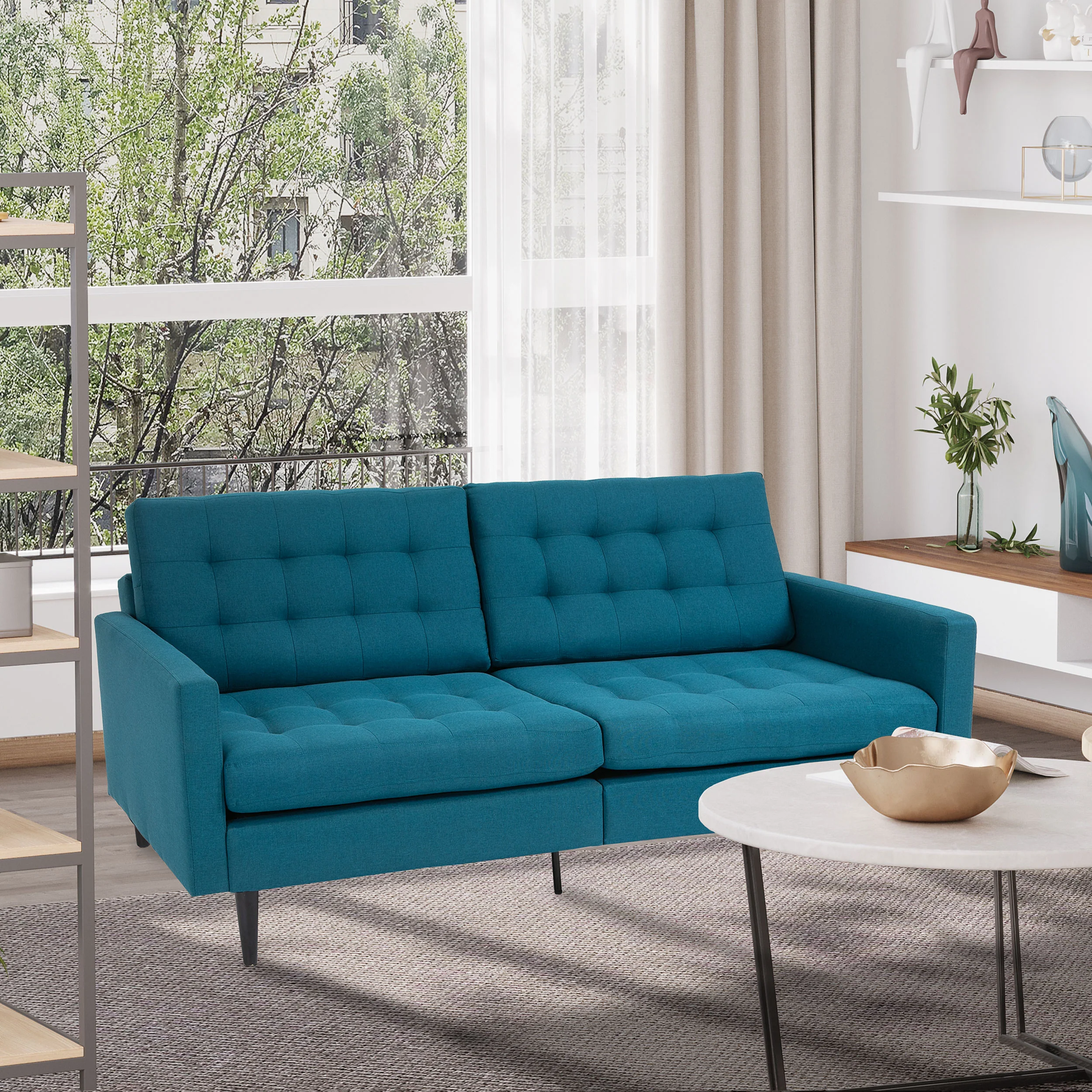 Canapé Convertible 3 Places Design Contemporain Dossier inclinable indépendamment 3 Positions Lin Bleu Canard - Image 3