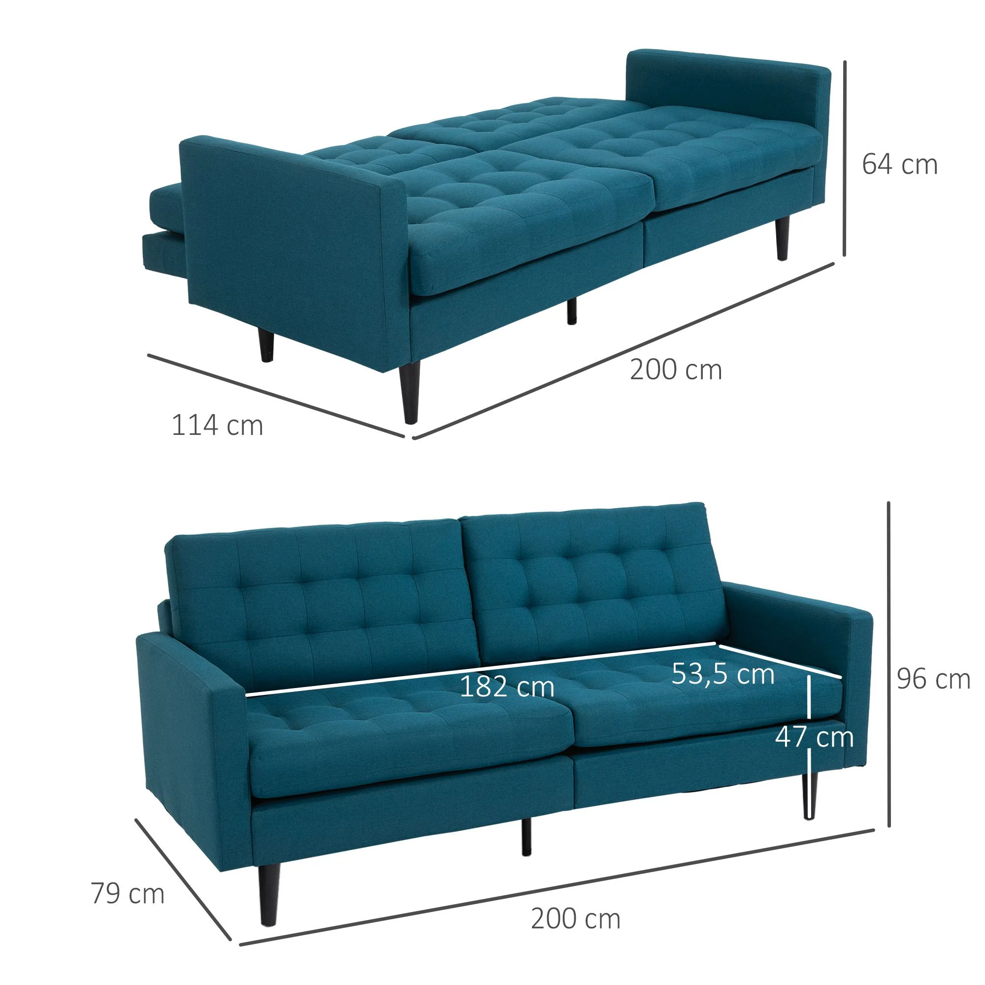 Canapé Convertible 3 Places Design Contemporain Dossier inclinable indépendamment 3 Positions Lin Bleu Canard - Image 4