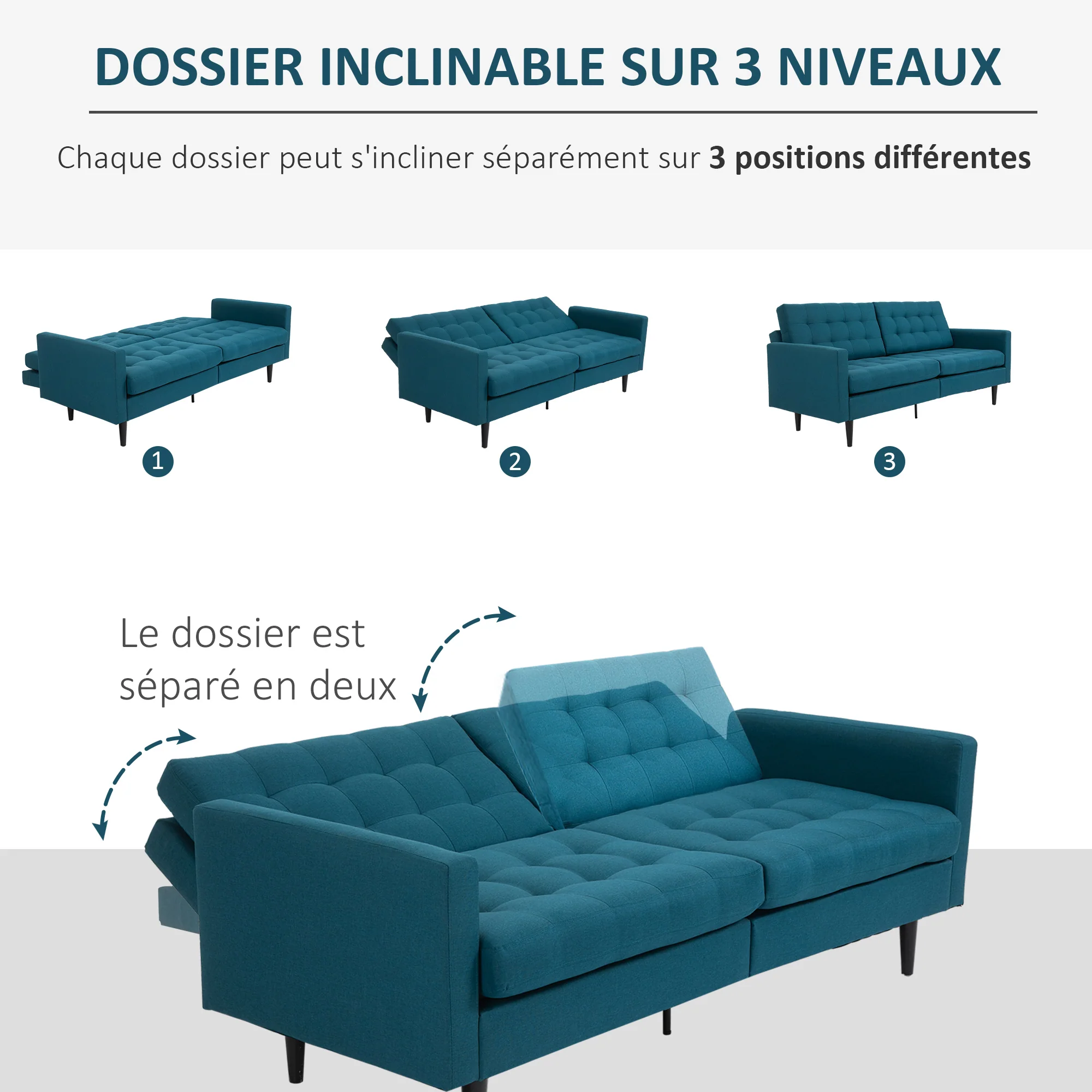 Canapé Convertible 3 Places Design Contemporain Dossier inclinable indépendamment 3 Positions Lin Bleu Canard - Image 6