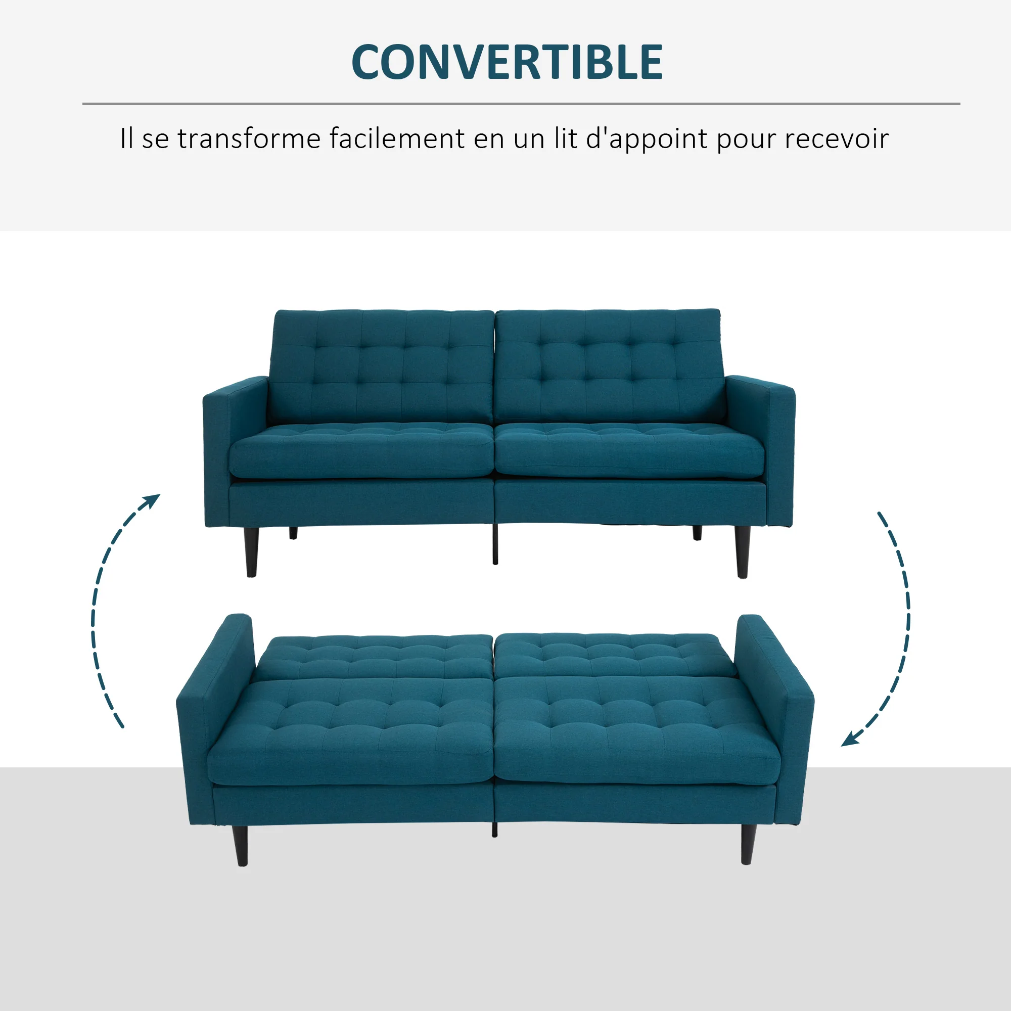Canapé Convertible 3 Places Design Contemporain Dossier inclinable indépendamment 3 Positions Lin Bleu Canard - Image 7