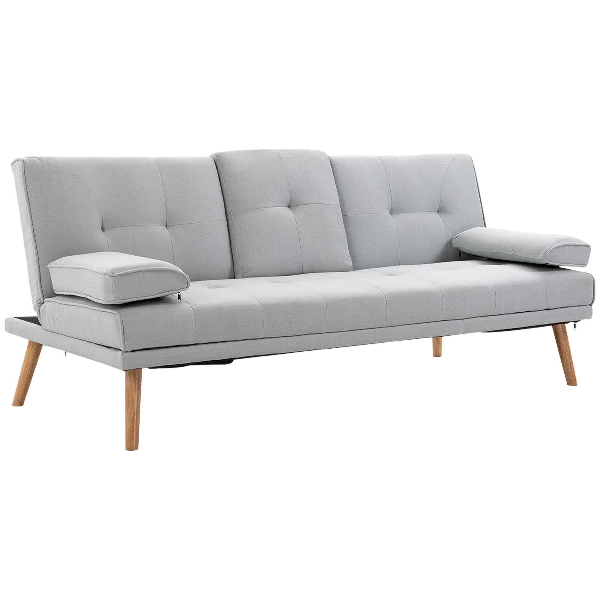 Canapé convertible 3 places design scandinave inclinaison dossier réglable 3 niveaux dossier centrale rabattable 2 porte-verres bois massif lin gris clair - Image 2
