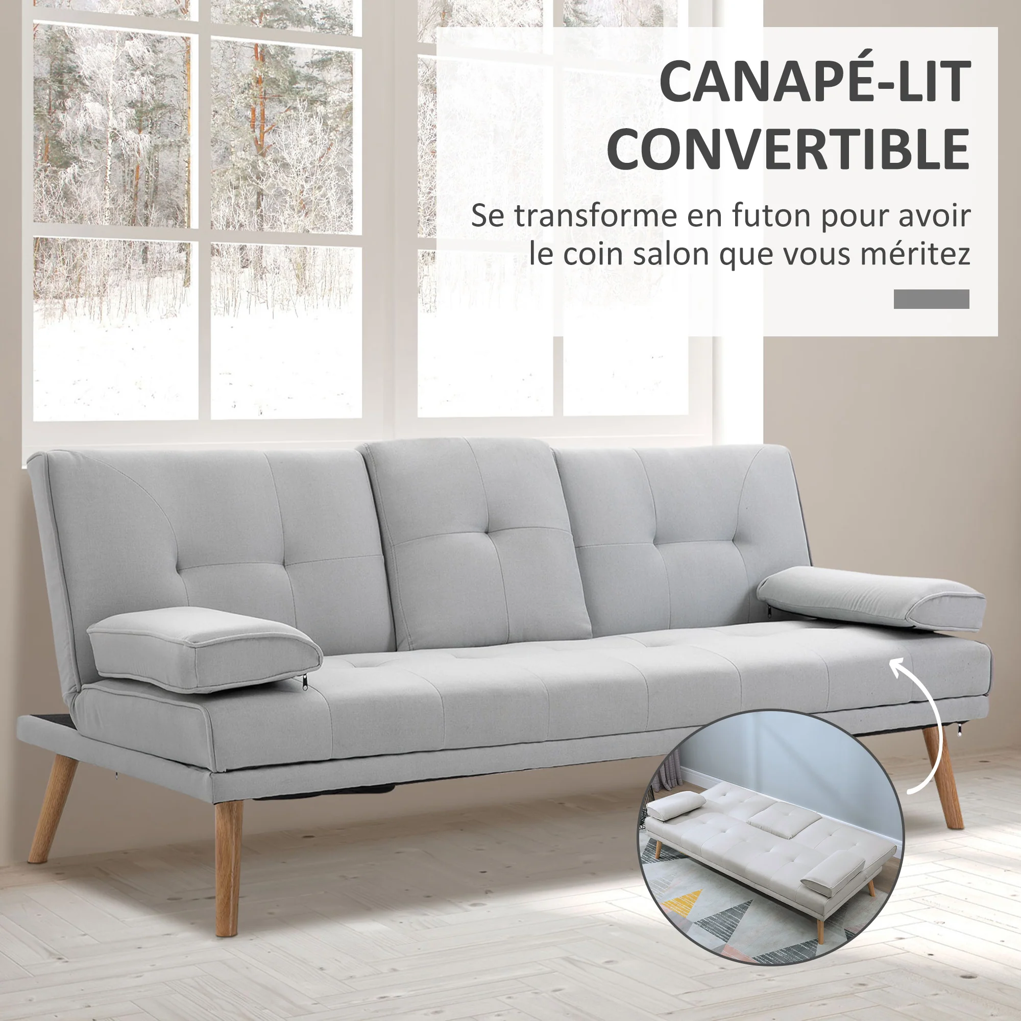 Canapé convertible 3 places design scandinave inclinaison dossier réglable 3 niveaux dossier centrale rabattable 2 porte-verres bois massif lin gris clair - Image 5