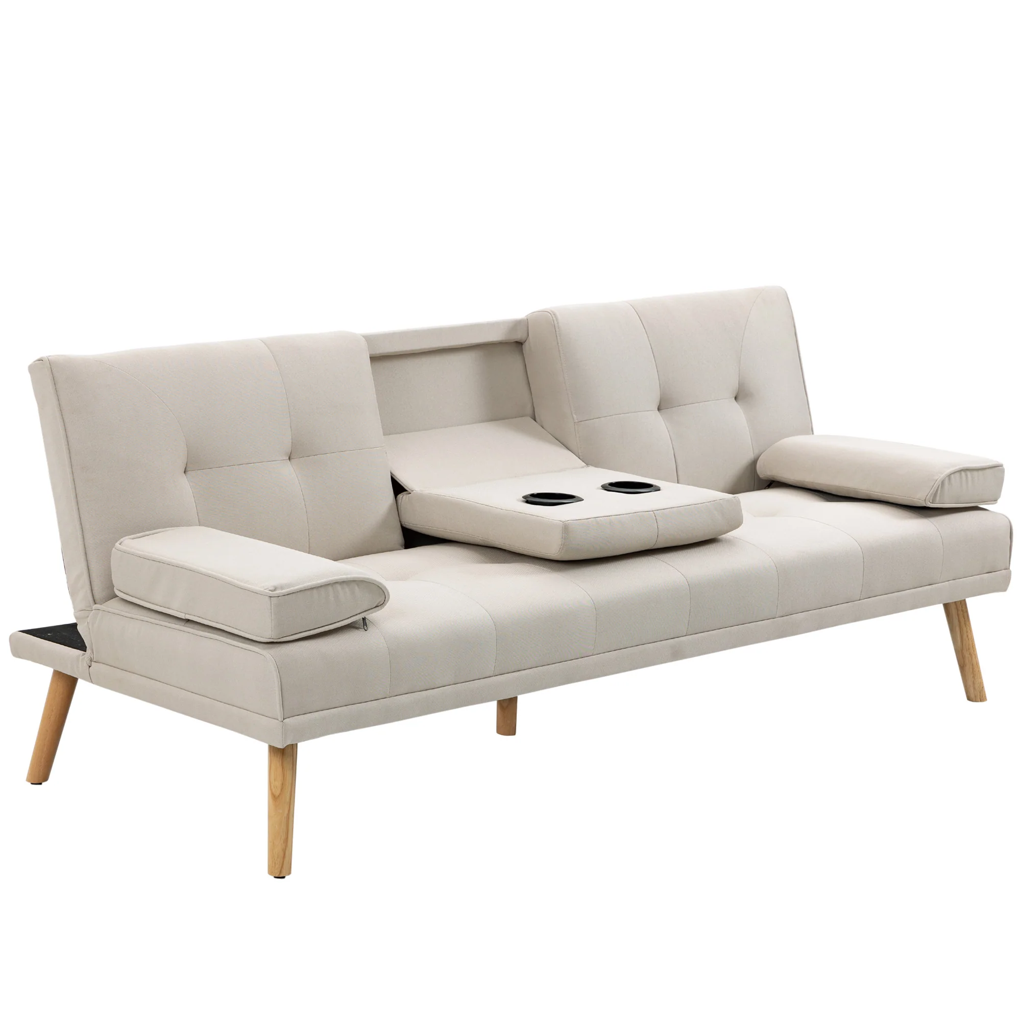 Canapé convertible 3 places design scandinave inclinaison dossier réglable 3 niveaux dossier centrale rabattable 2 porte-verres bois massif lin beige - Image 11