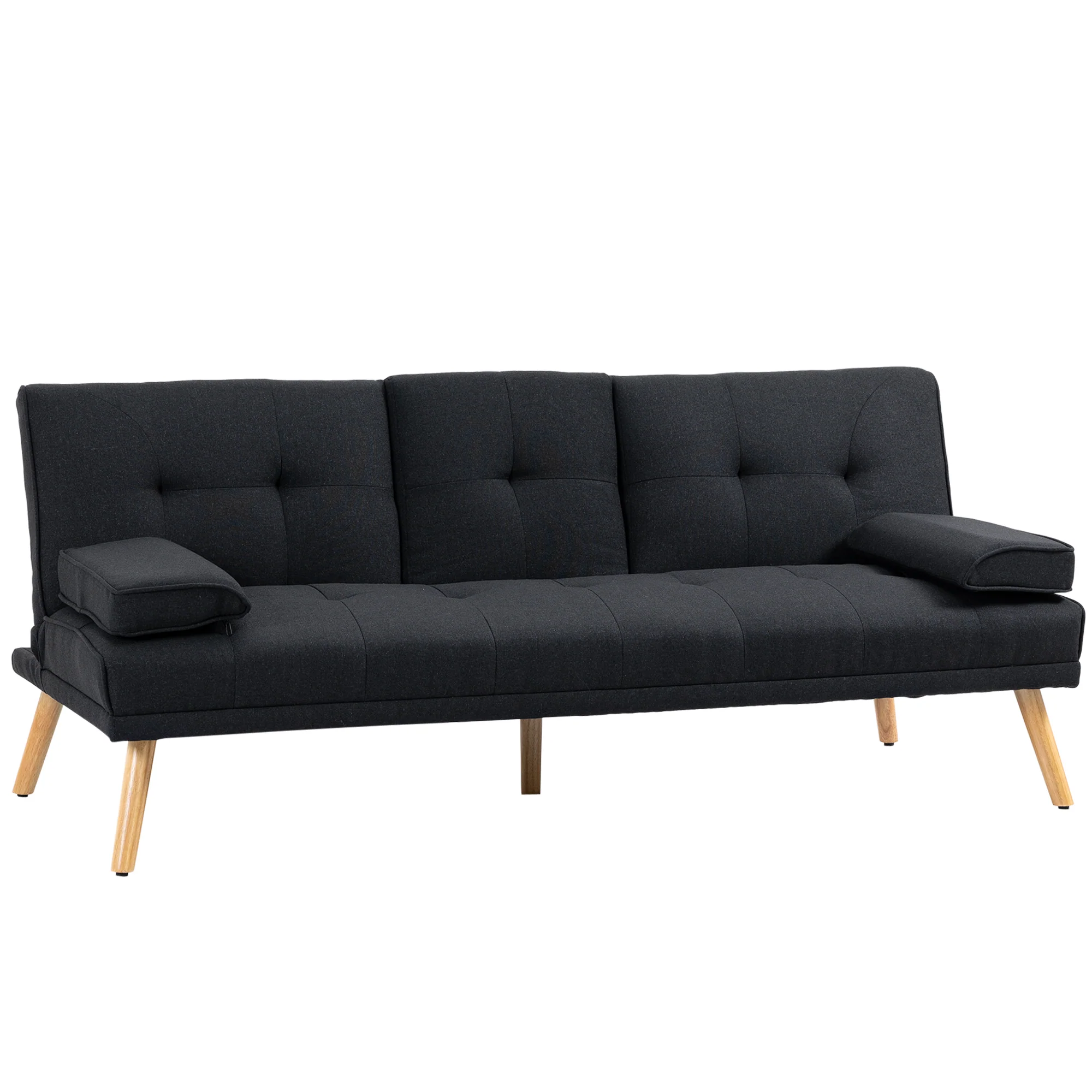 Canapé convertible 3 places design scandinave inclinaison dossier réglable 3 niveaux dossier centrale rabattable 2 porte-verres bois massif lin gris - Image 2