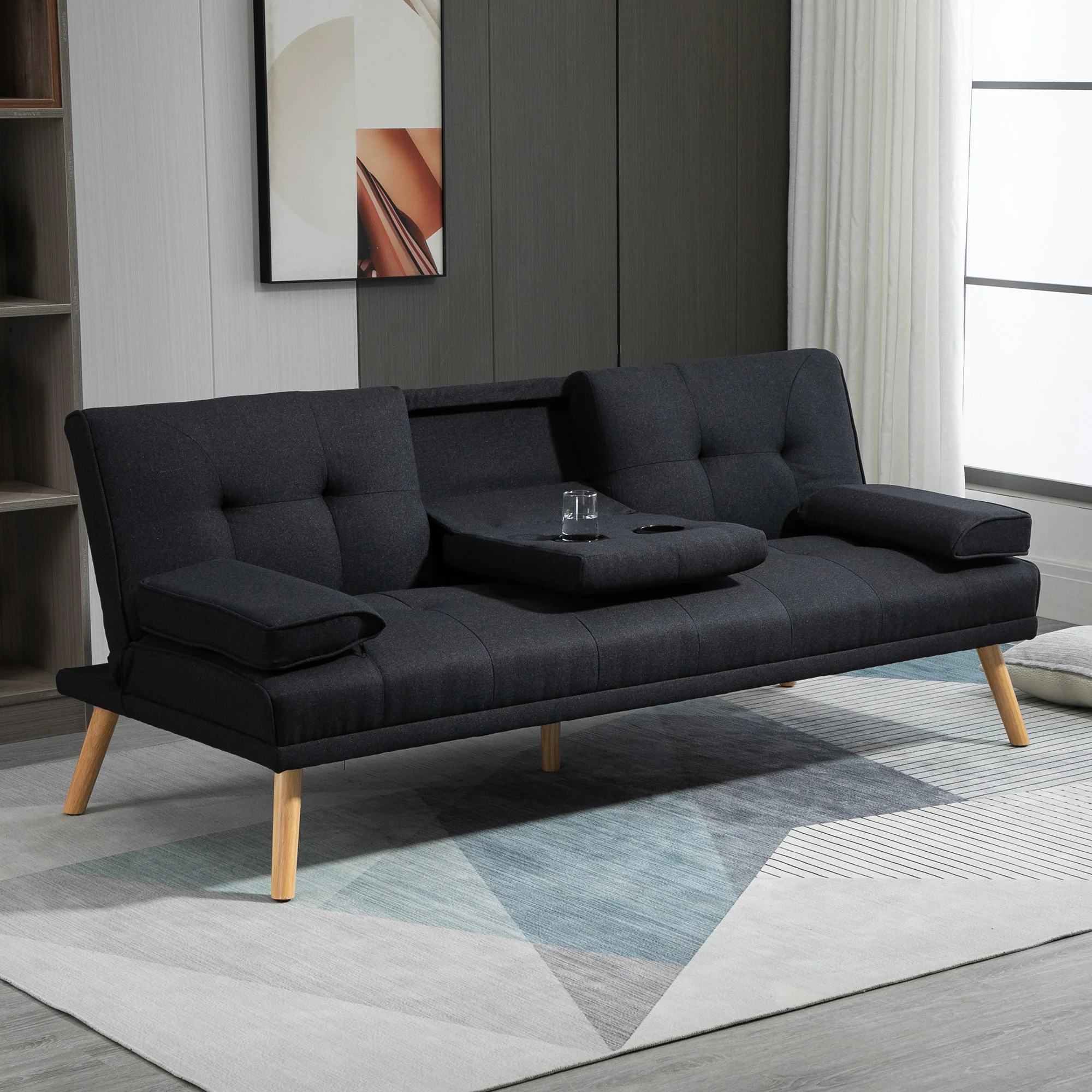 Canapé convertible 3 places design scandinave inclinaison dossier réglable 3 niveaux dossier centrale rabattable 2 porte-verres bois massif lin gris - Image 3