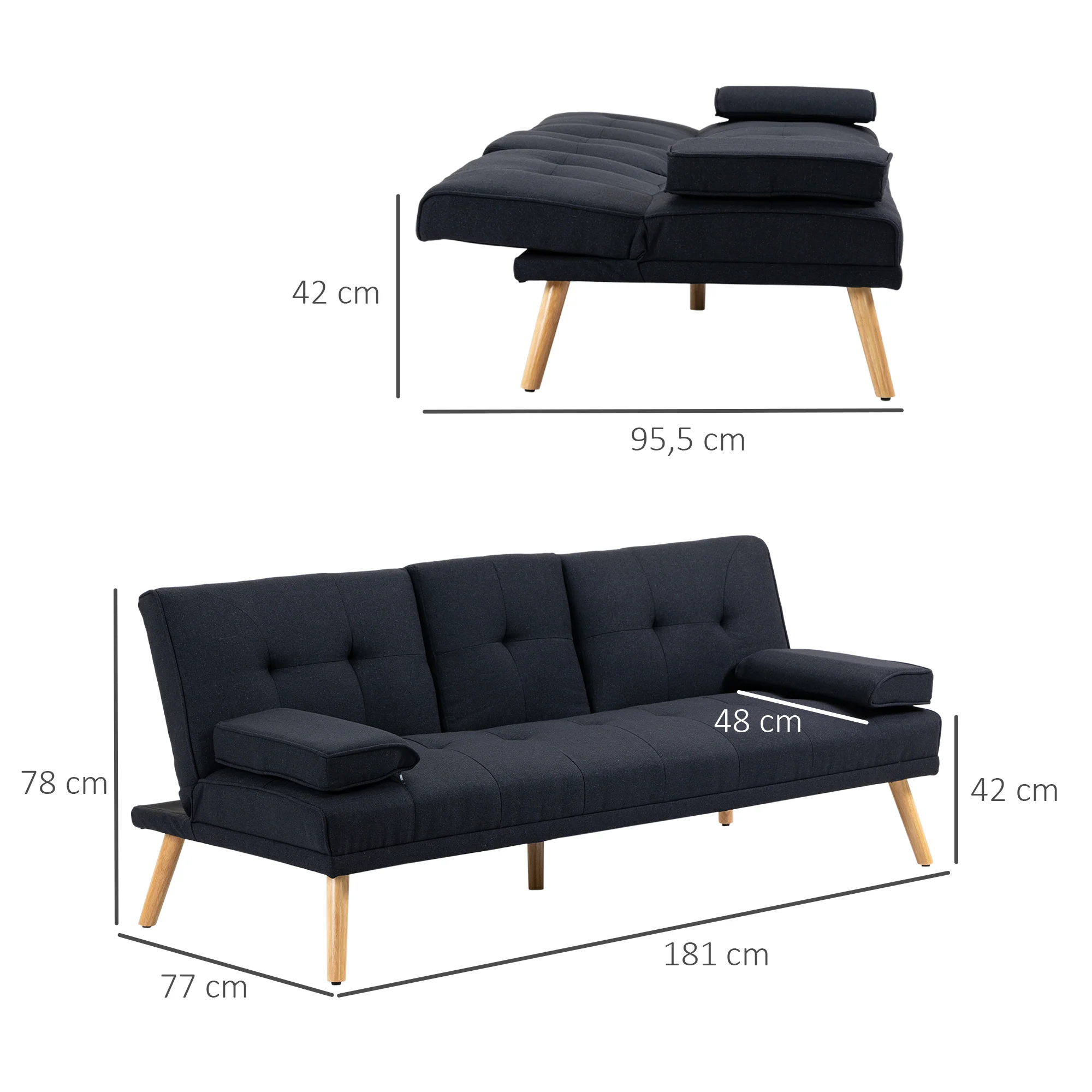 Canapé convertible 3 places design scandinave inclinaison dossier réglable 3 niveaux dossier centrale rabattable 2 porte-verres bois massif lin gris - Image 4