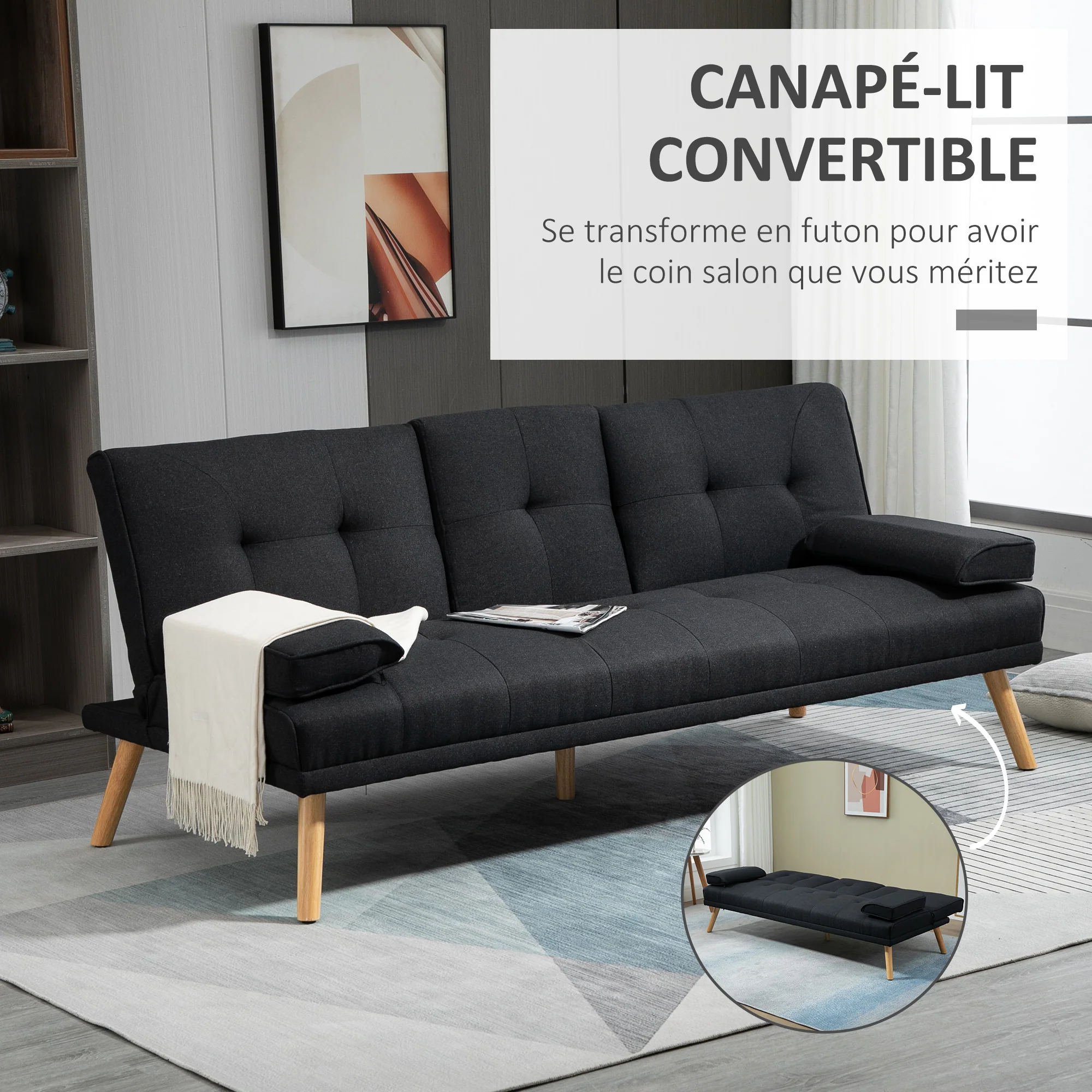 Canapé convertible 3 places design scandinave inclinaison dossier réglable 3 niveaux dossier centrale rabattable 2 porte-verres bois massif lin gris - Image 5