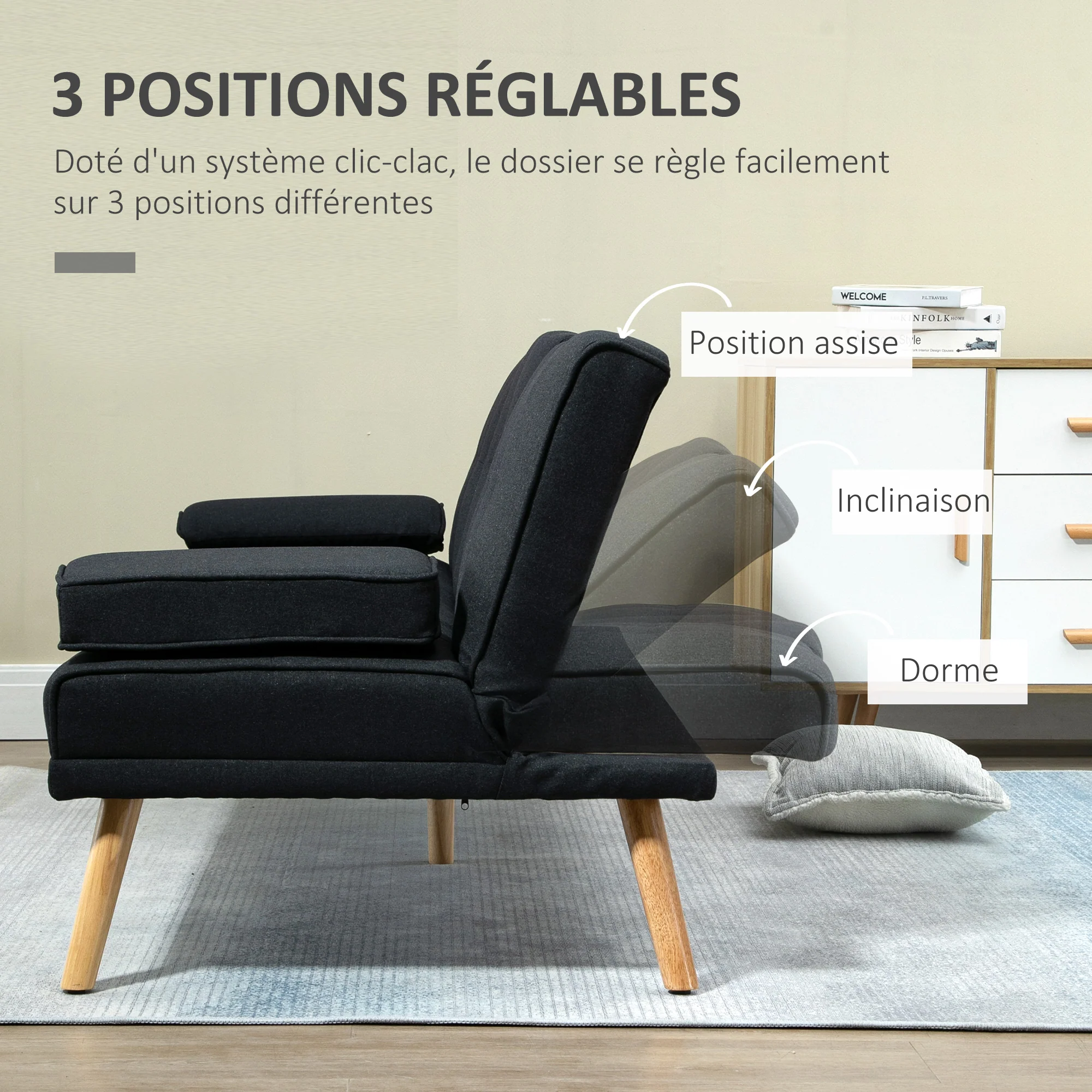 Canapé convertible 3 places design scandinave inclinaison dossier réglable 3 niveaux dossier centrale rabattable 2 porte-verres bois massif lin gris - Image 6