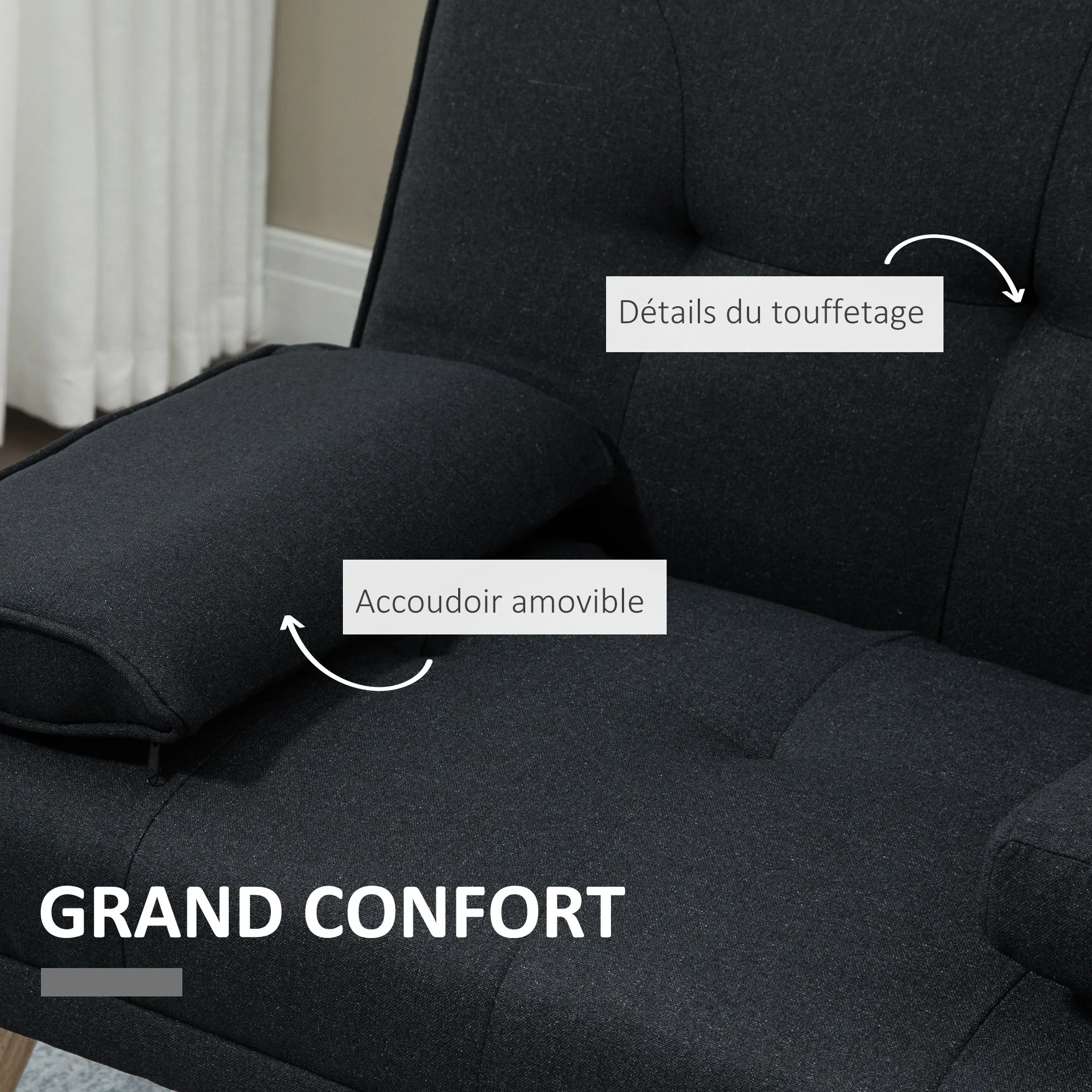 Canapé convertible 3 places design scandinave inclinaison dossier réglable 3 niveaux dossier centrale rabattable 2 porte-verres bois massif lin gris - Image 7