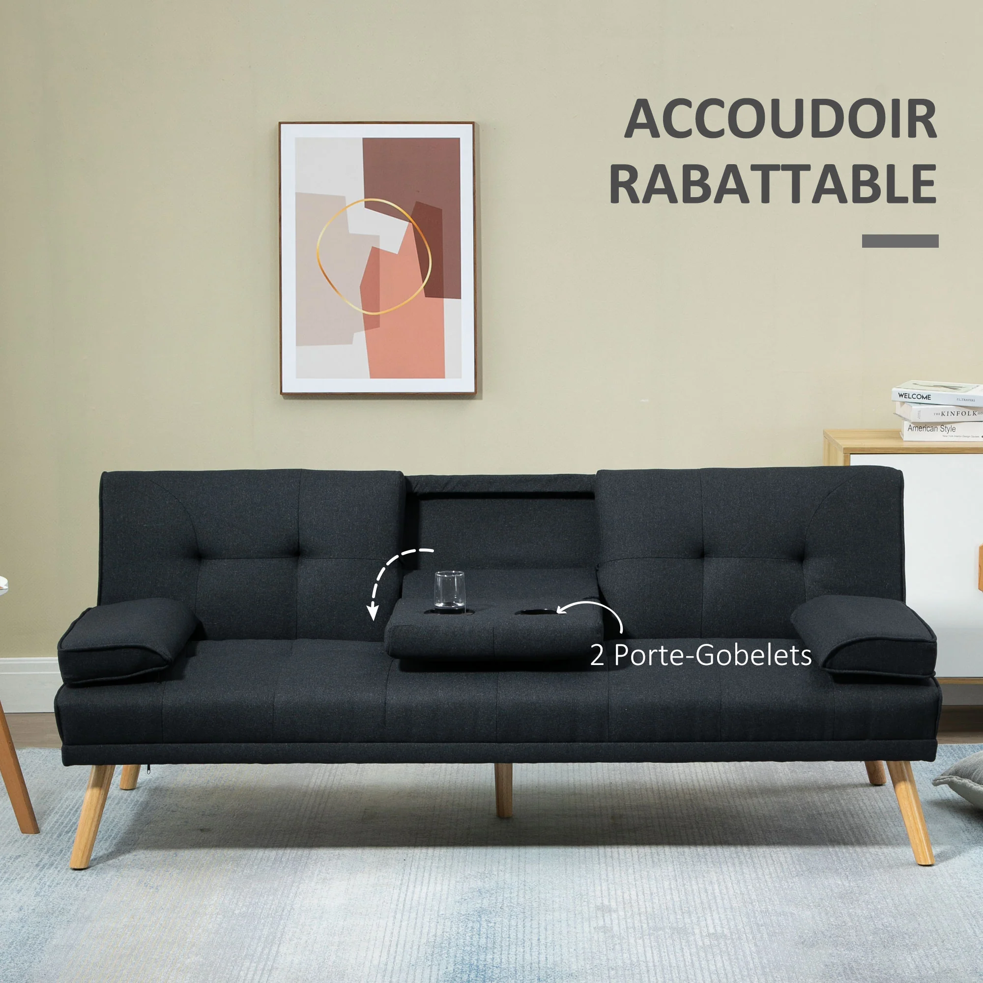 Canapé convertible 3 places design scandinave inclinaison dossier réglable 3 niveaux dossier centrale rabattable 2 porte-verres bois massif lin gris - Image 8