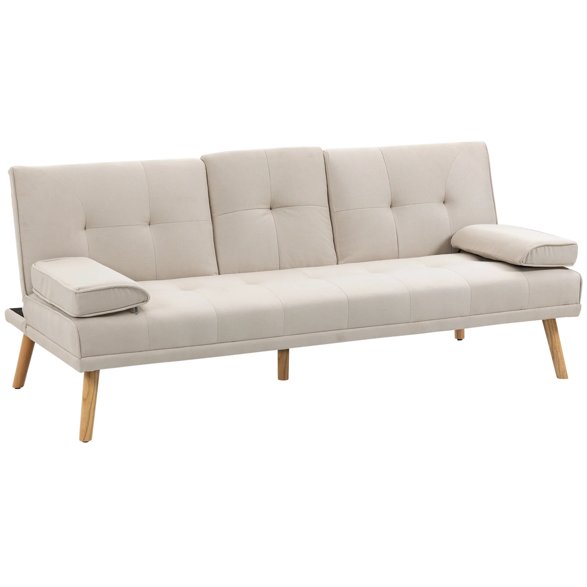Canapé convertible 3 places design scandinave inclinaison dossier réglable 3 niveaux dossier centrale rabattable 2 porte-verres bois massif lin beige - Image 2