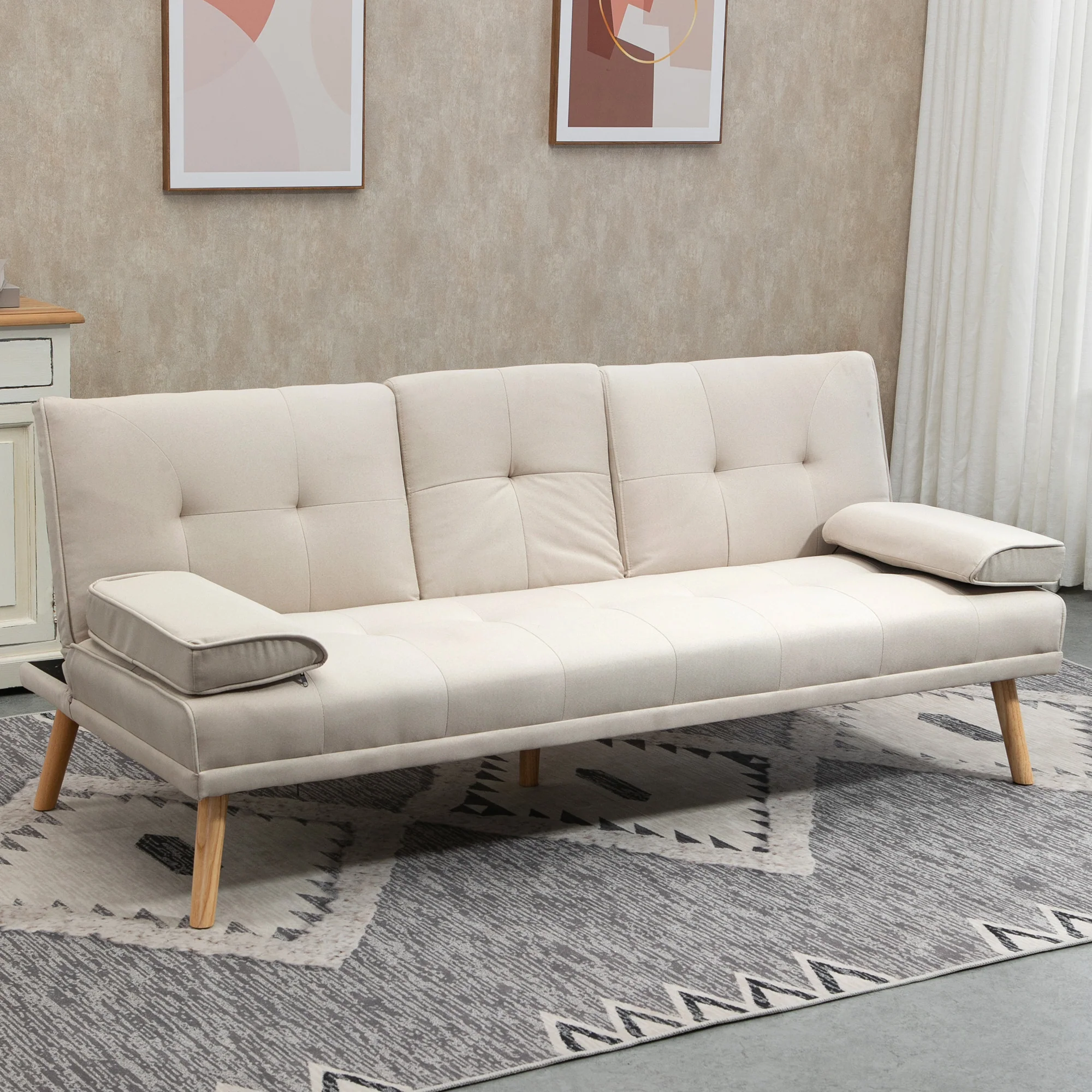 Canapé convertible 3 places design scandinave inclinaison dossier réglable 3 niveaux dossier centrale rabattable 2 porte-verres bois massif lin beige - Image 3
