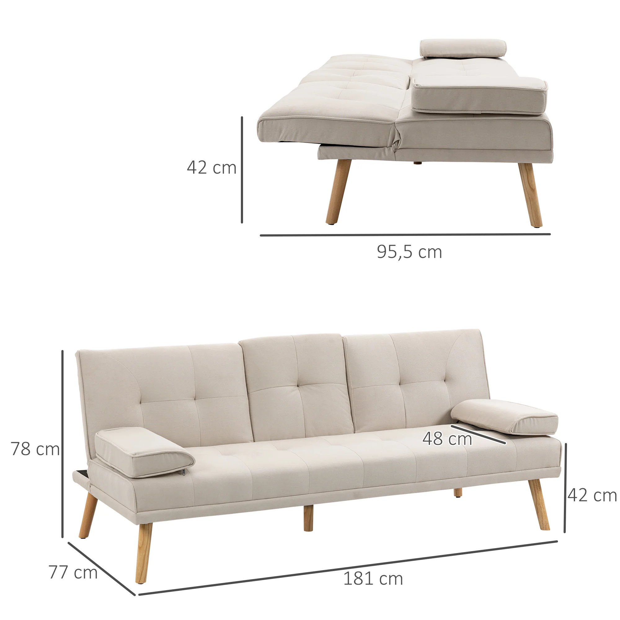 Canapé convertible 3 places design scandinave inclinaison dossier réglable 3 niveaux dossier centrale rabattable 2 porte-verres bois massif lin beige - Image 4