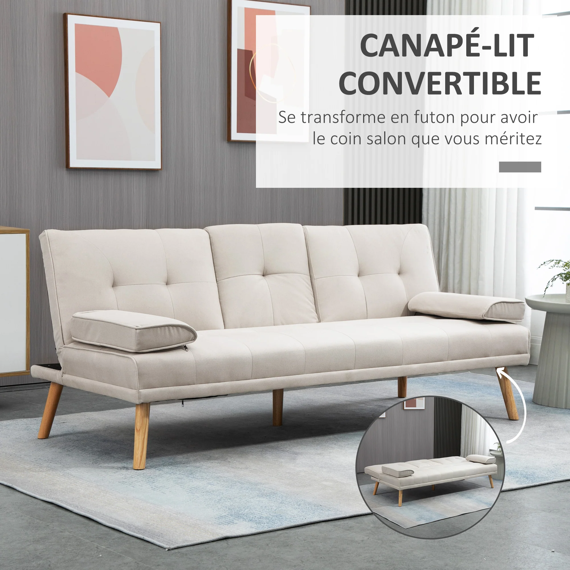 Canapé convertible 3 places design scandinave inclinaison dossier réglable 3 niveaux dossier centrale rabattable 2 porte-verres bois massif lin beige - Image 5