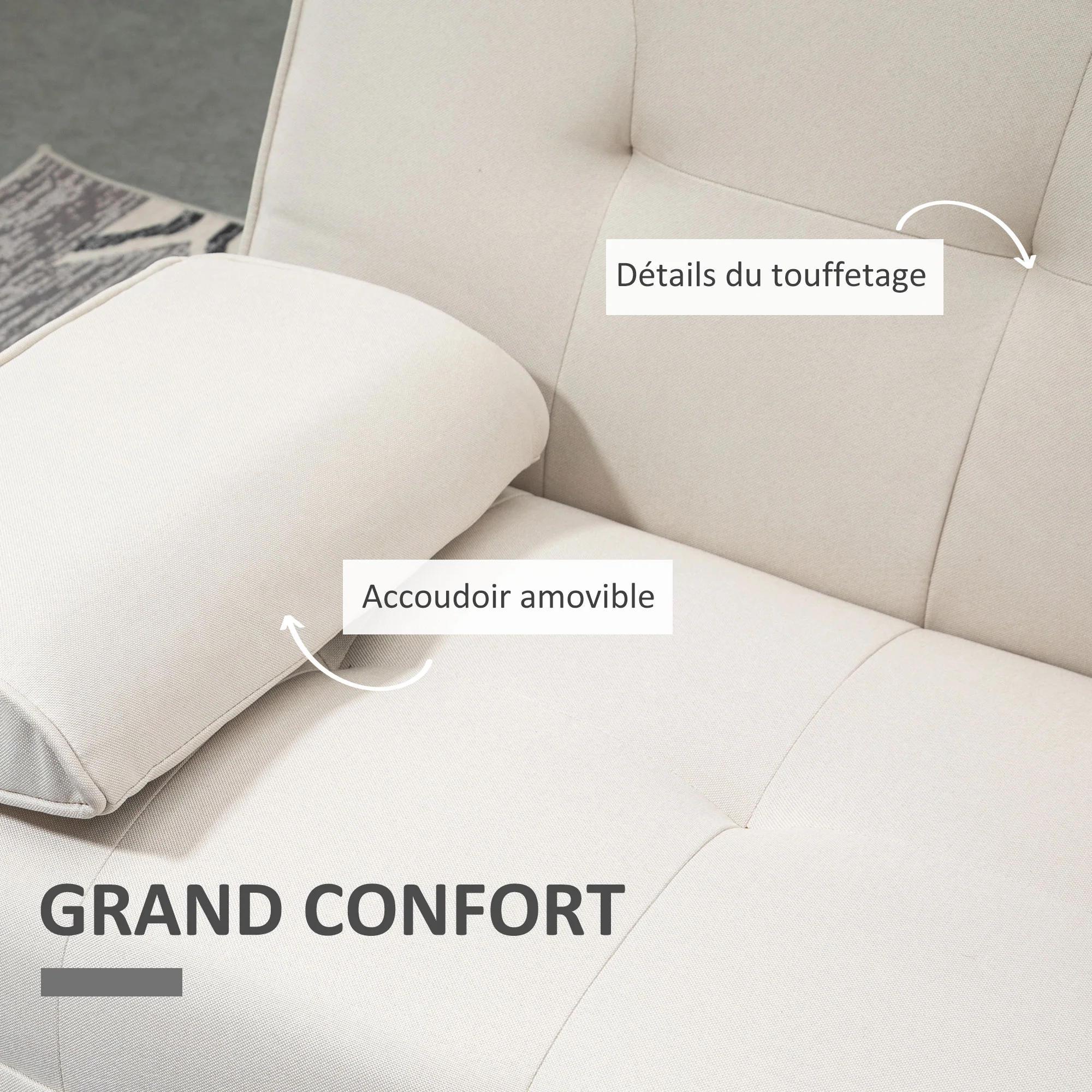 Canapé convertible 3 places design scandinave inclinaison dossier réglable 3 niveaux dossier centrale rabattable 2 porte-verres bois massif lin beige - Image 7