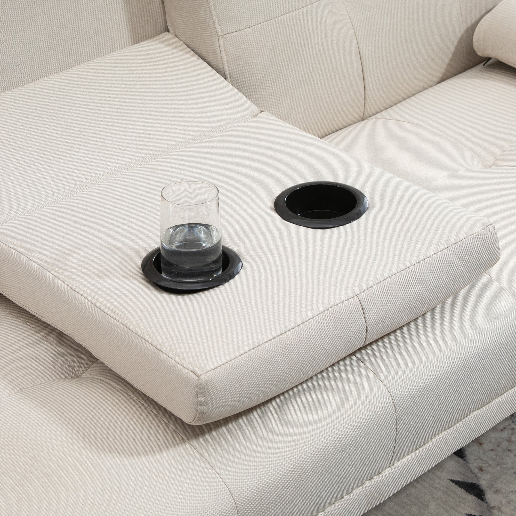 Canapé convertible 3 places design scandinave inclinaison dossier réglable 3 niveaux dossier centrale rabattable 2 porte-verres bois massif lin beige - Image 9