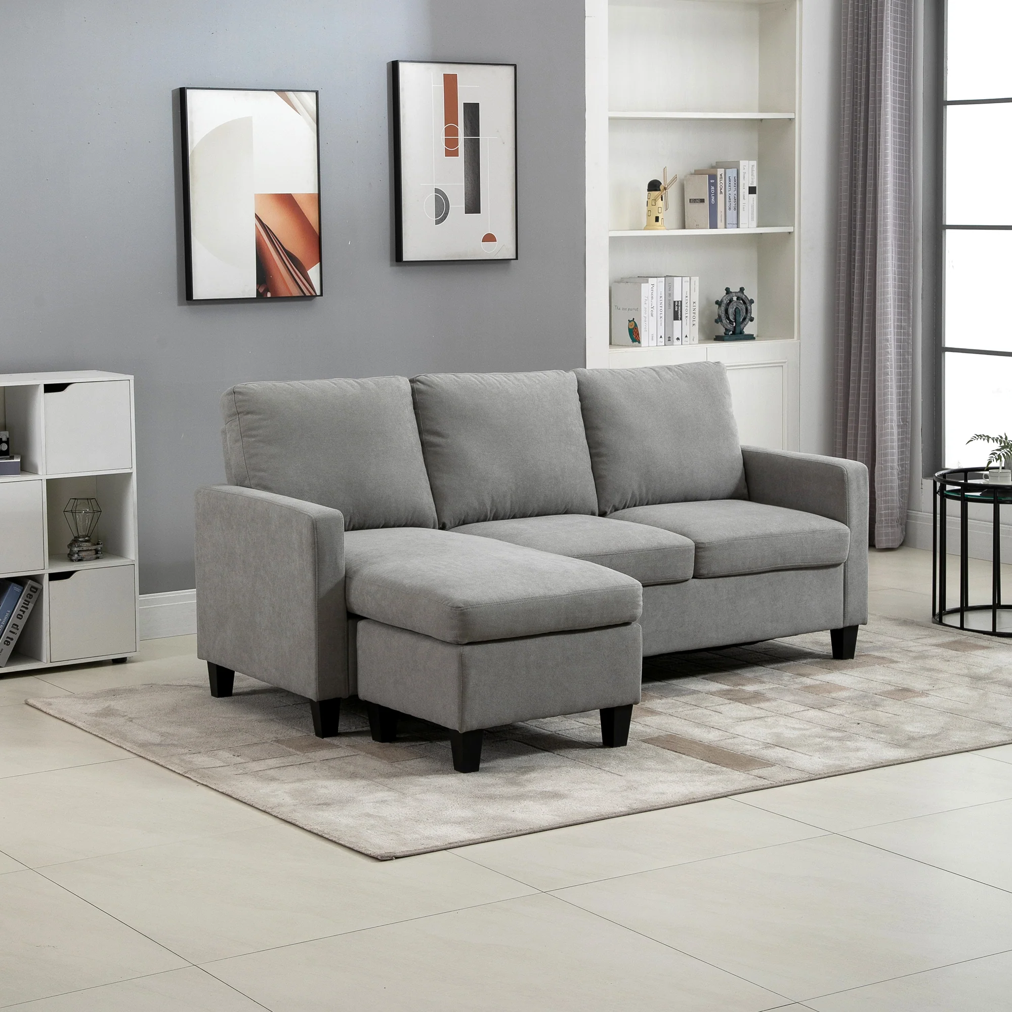 Canapé d'angle canapé 3 places avec méridienne réversible gauche ou droite pour salon, bureau, appartement, tissu polyester 197L x 139l x 91H cm gris clair - Image 3