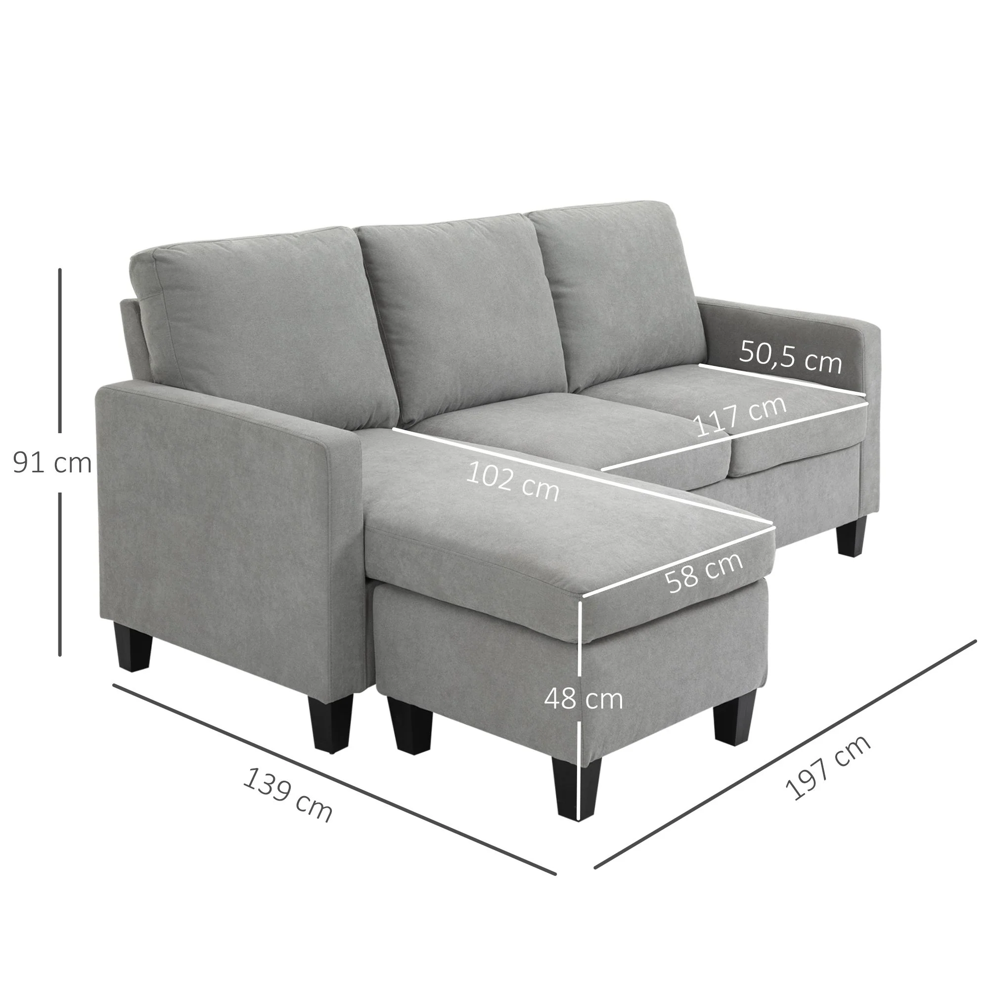 Canapé d'angle canapé 3 places avec méridienne réversible gauche ou droite pour salon, bureau, appartement, tissu polyester 197L x 139l x 91H cm gris clair - Image 4