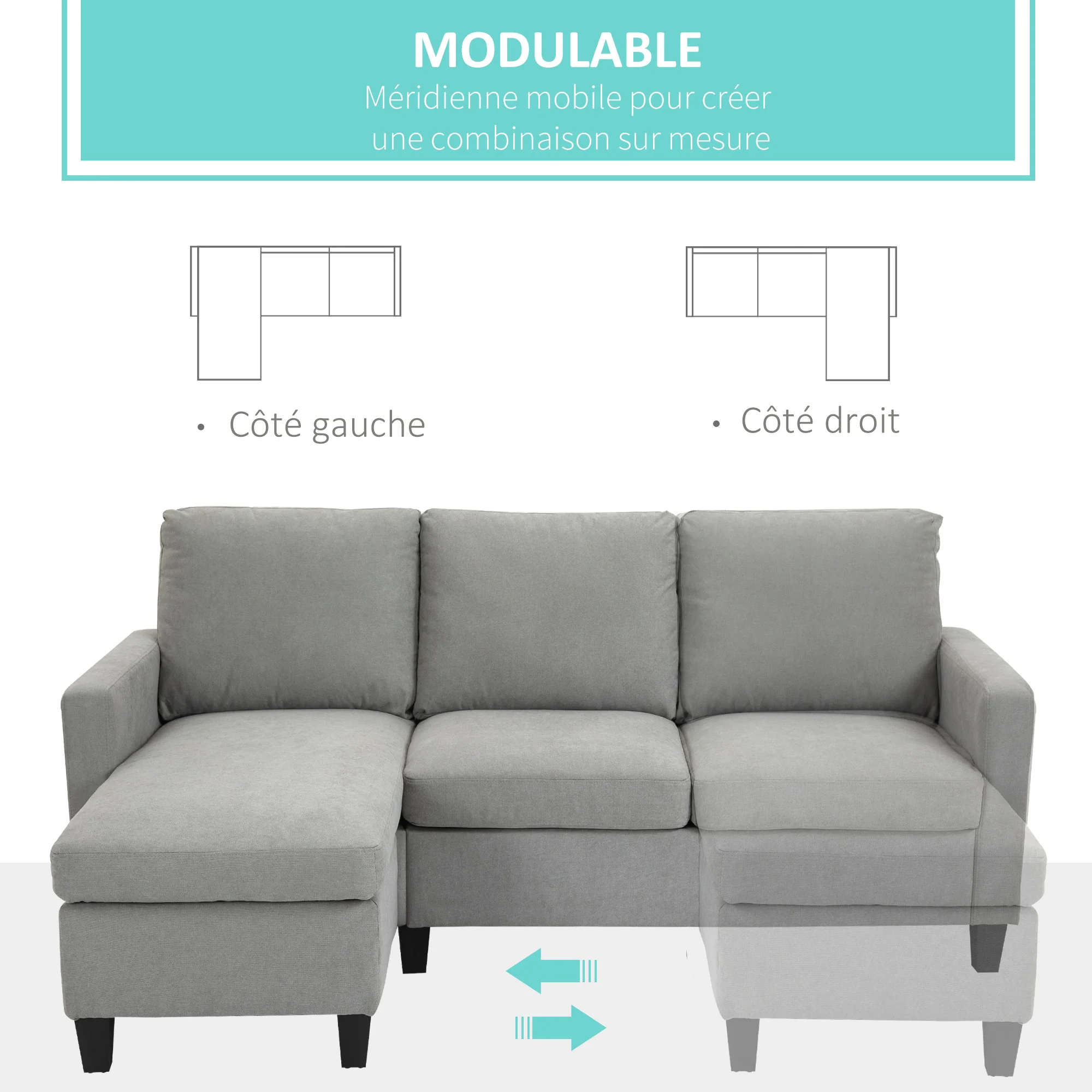 Canapé d'angle canapé 3 places avec méridienne réversible gauche ou droite pour salon, bureau, appartement, tissu polyester 197L x 139l x 91H cm gris clair - Image 5