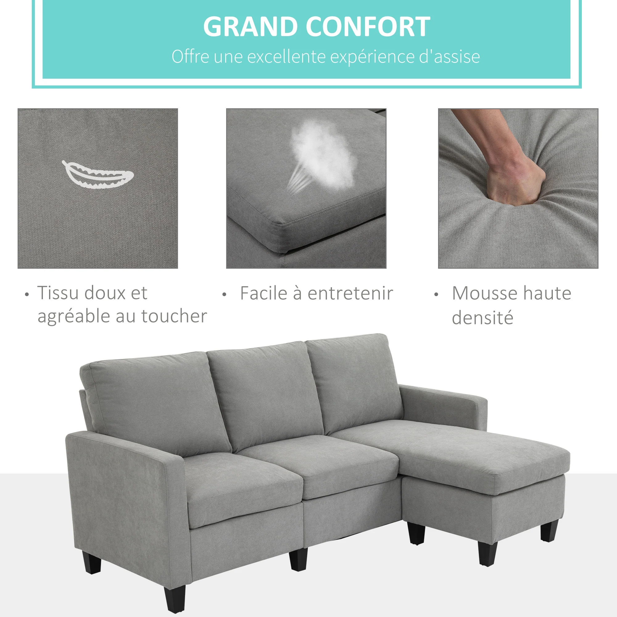 Canapé d'angle canapé 3 places avec méridienne réversible gauche ou droite pour salon, bureau, appartement, tissu polyester 197L x 139l x 91H cm gris clair - Image 6