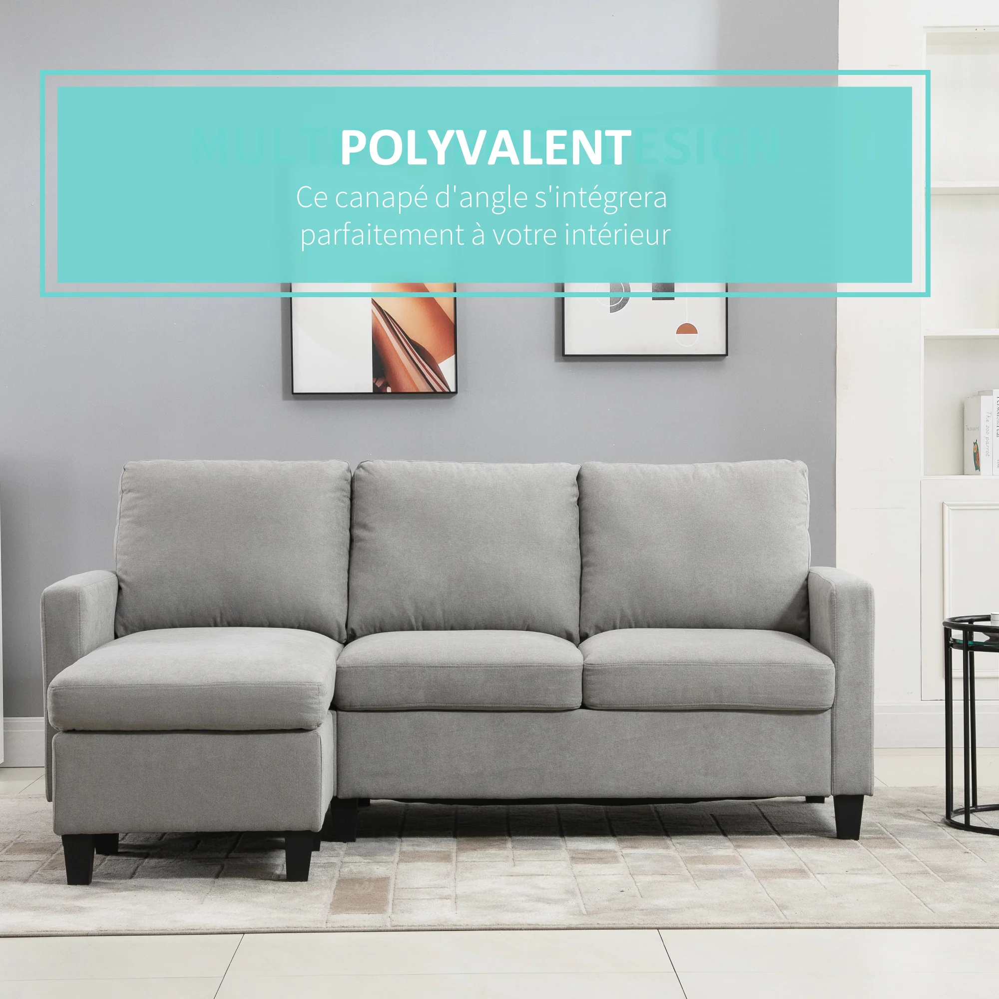 Canapé d'angle canapé 3 places avec méridienne réversible gauche ou droite pour salon, bureau, appartement, tissu polyester 197L x 139l x 91H cm gris clair - Image 7