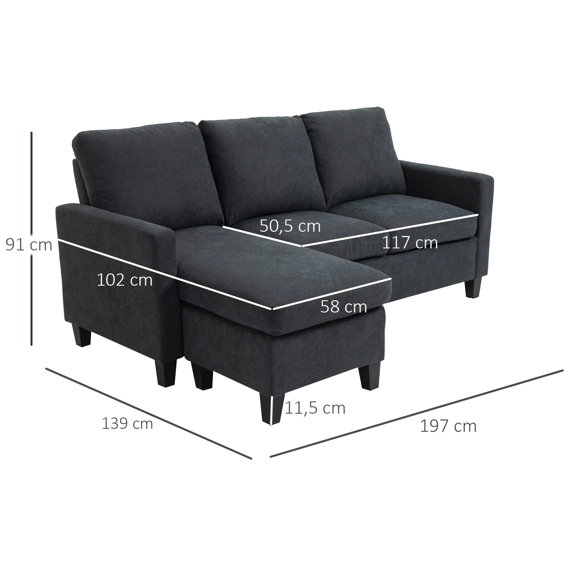 Canapé d'angle canapé 3 places avec méridienne réversible gauche ou droite pour salon, bureau, appartement, tissu polyester 197L x 139l x 91H cm gris foncé - Image 4