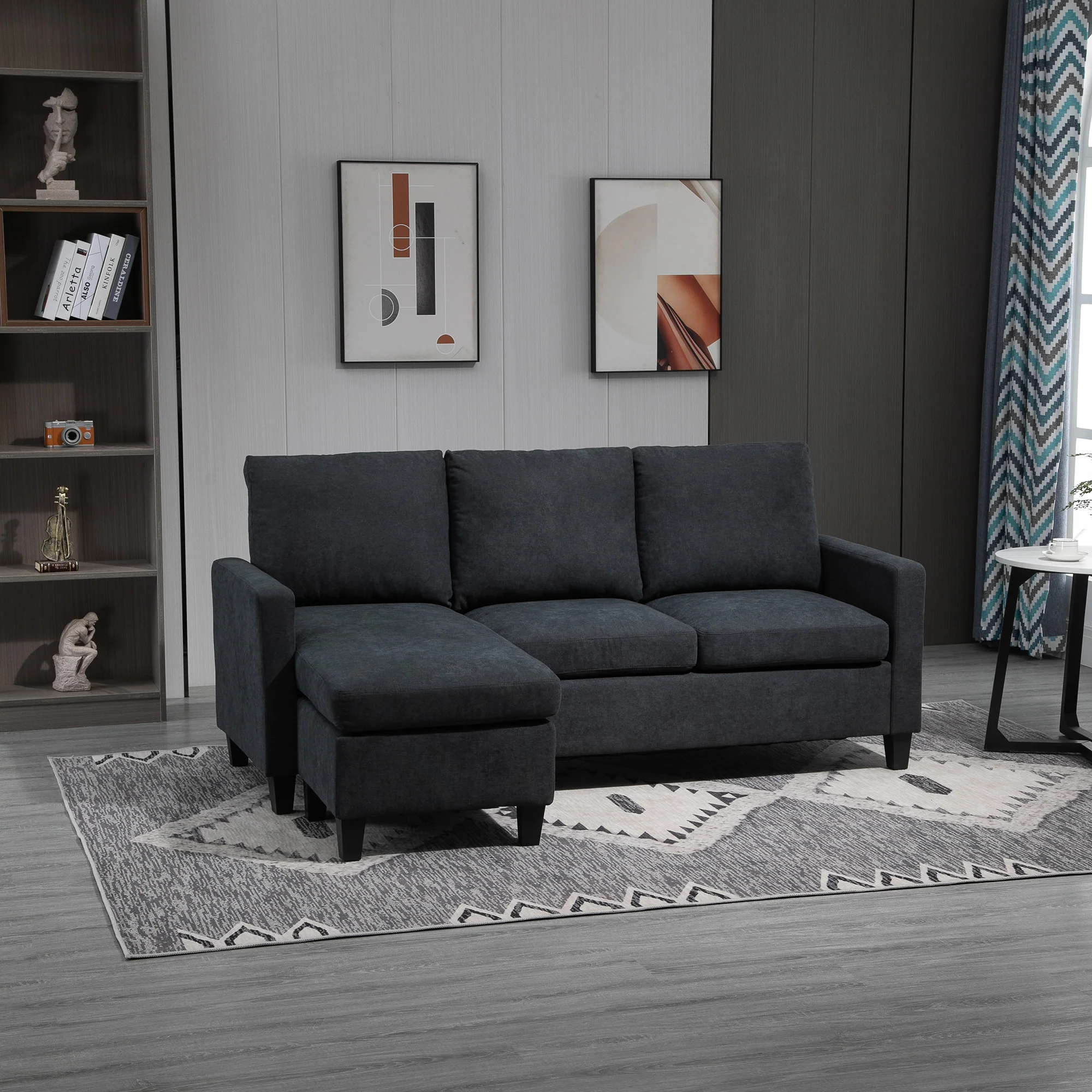 Canapé d'angle canapé 3 places avec méridienne réversible gauche ou droite pour salon, bureau, appartement, tissu polyester 197L x 139l x 91H cm gris foncé - Image 5
