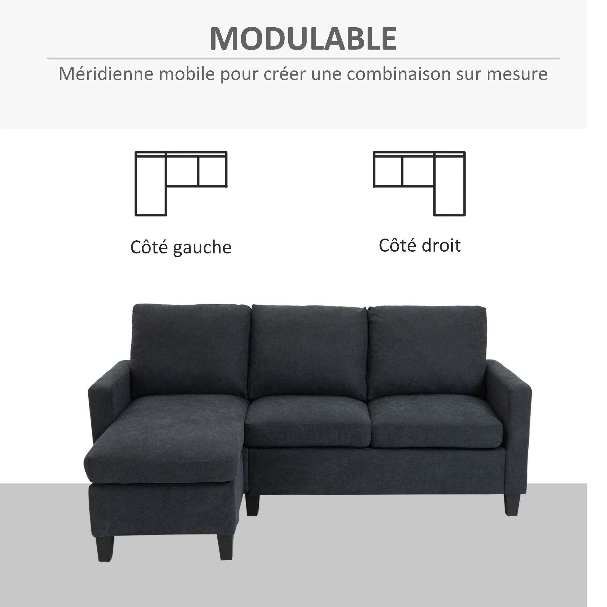Canapé d'angle canapé 3 places avec méridienne réversible gauche ou droite pour salon, bureau, appartement, tissu polyester 197L x 139l x 91H cm gris foncé - Image 6