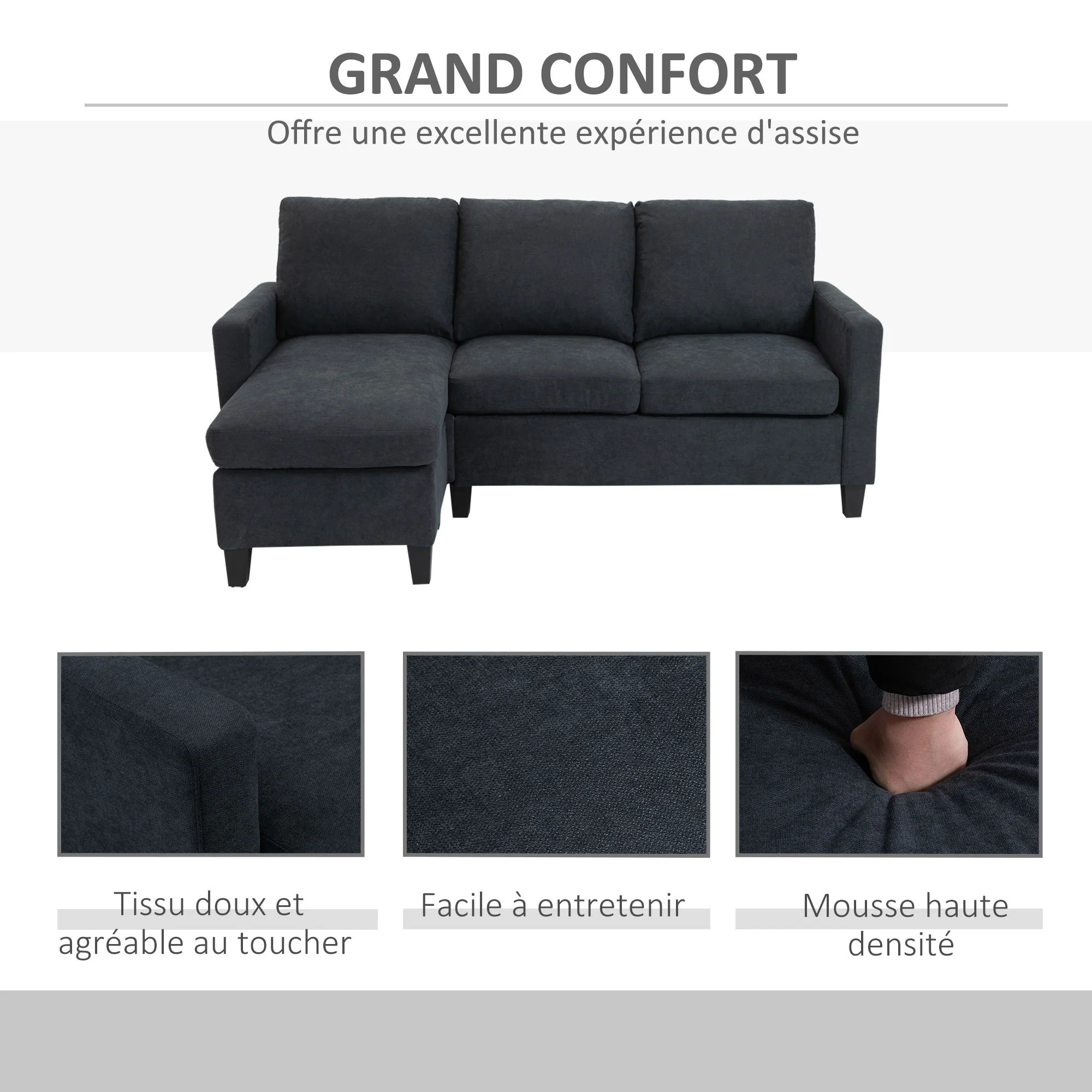 Canapé d'angle canapé 3 places avec méridienne réversible gauche ou droite pour salon, bureau, appartement, tissu polyester 197L x 139l x 91H cm gris foncé - Image 7