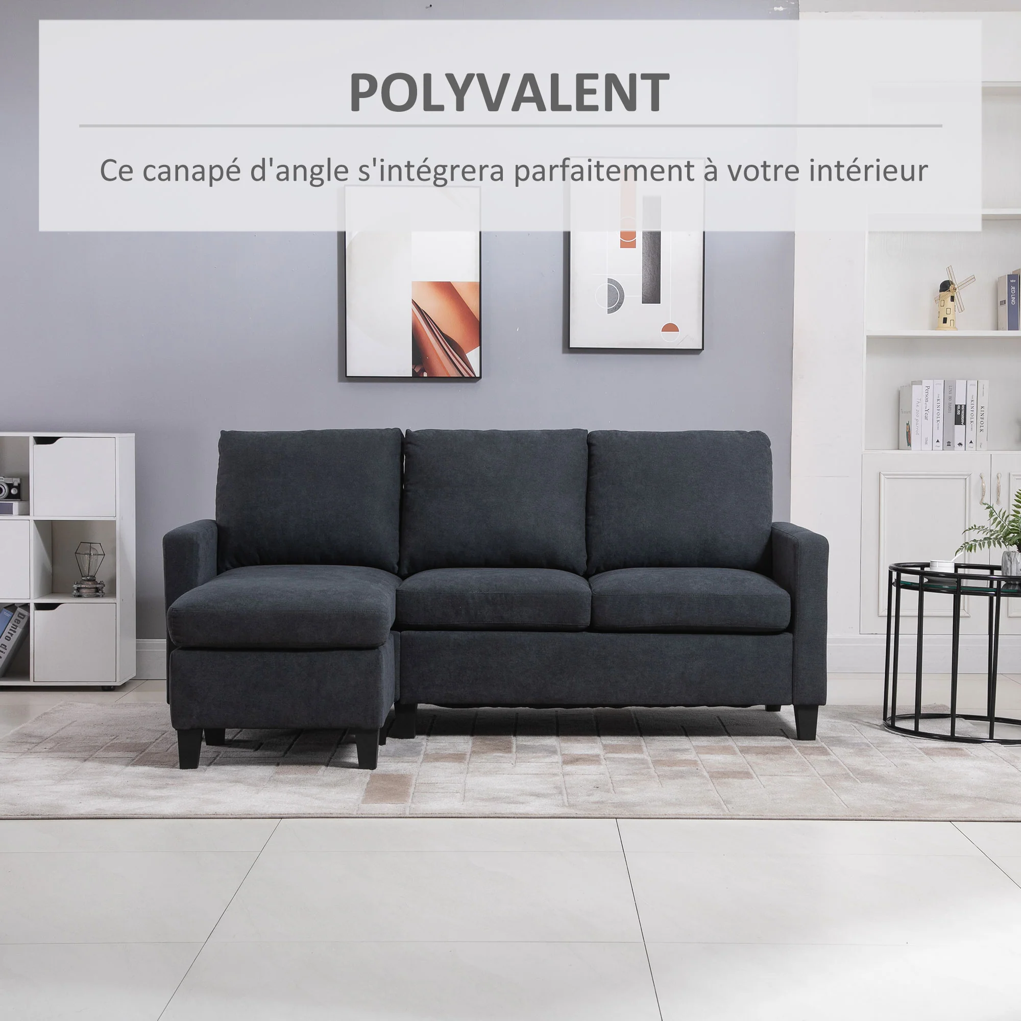 Canapé d'angle canapé 3 places avec méridienne réversible gauche ou droite pour salon, bureau, appartement, tissu polyester 197L x 139l x 91H cm gris foncé - Image 8