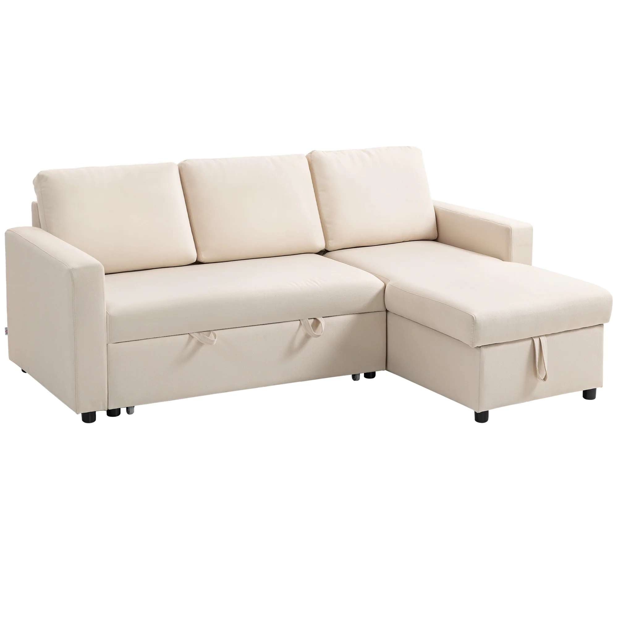 Canapé d'angle convertible canapé lit canapé 3 places modulable avec méridienne réversible, coffre de rangement intégré et 3 coussins de dossier, tissu aspect lin, crème - Image 2