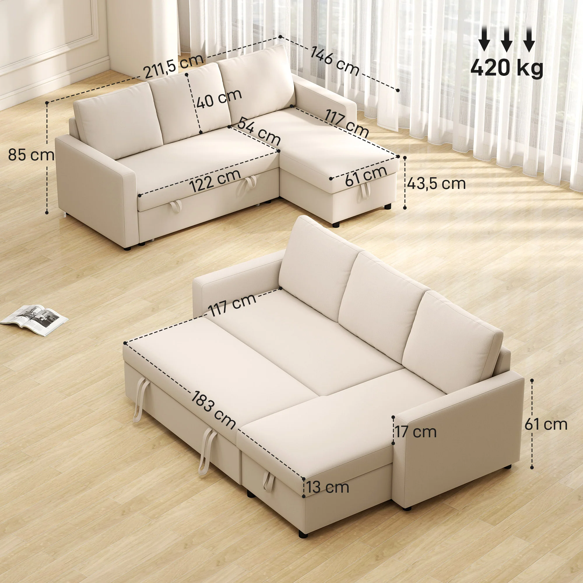 Canapé d'angle convertible canapé lit canapé 3 places modulable avec méridienne réversible, coffre de rangement intégré et 3 coussins de dossier, tissu aspect lin, crème - Image 4