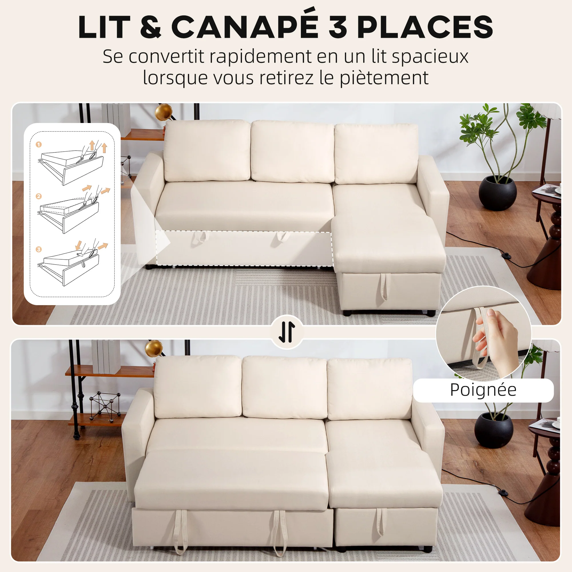 Canapé d'angle convertible canapé lit canapé 3 places modulable avec méridienne réversible, coffre de rangement intégré et 3 coussins de dossier, tissu aspect lin, crème - Image 5