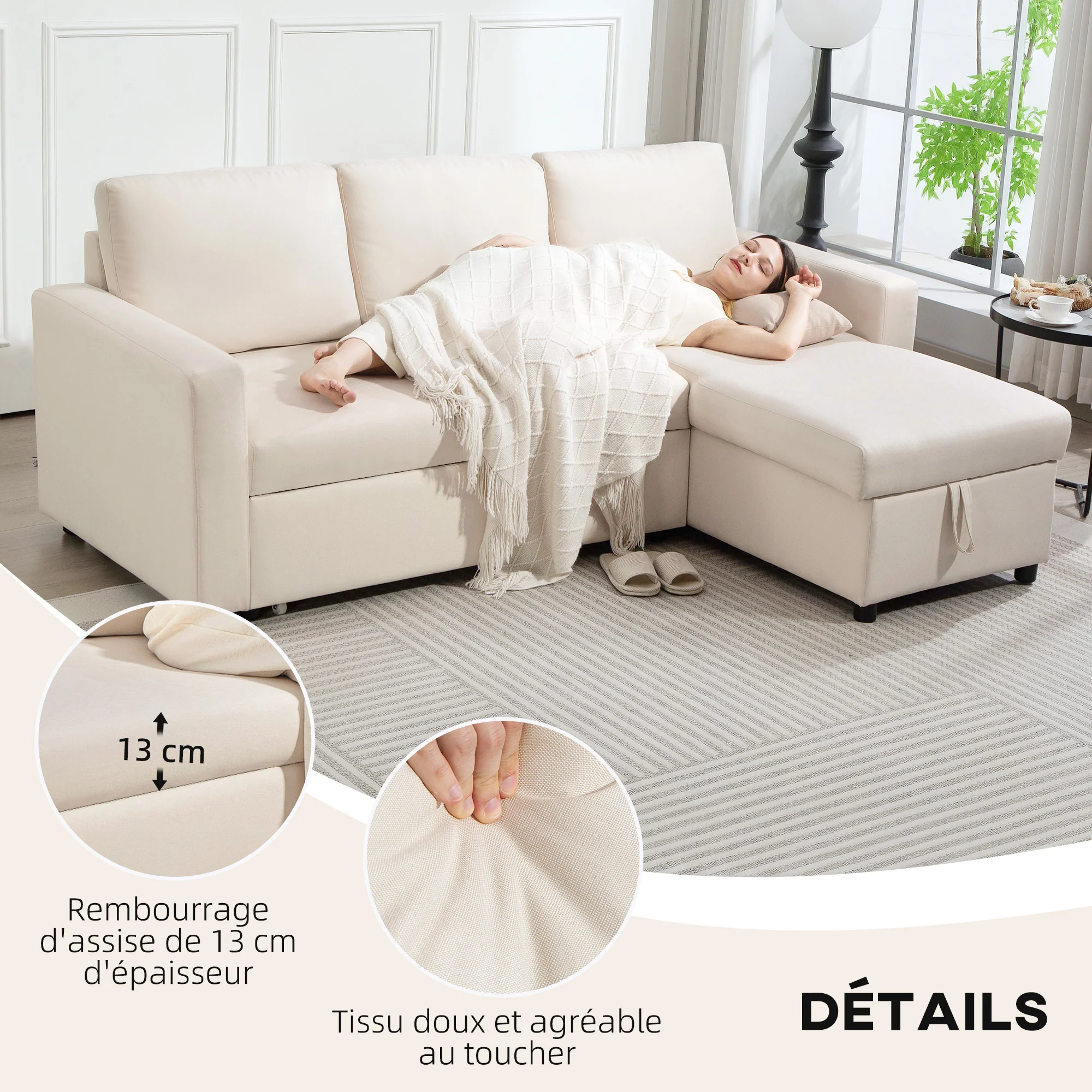 Canapé d'angle convertible canapé lit canapé 3 places modulable avec méridienne réversible, coffre de rangement intégré et 3 coussins de dossier, tissu aspect lin, crème - Image 6
