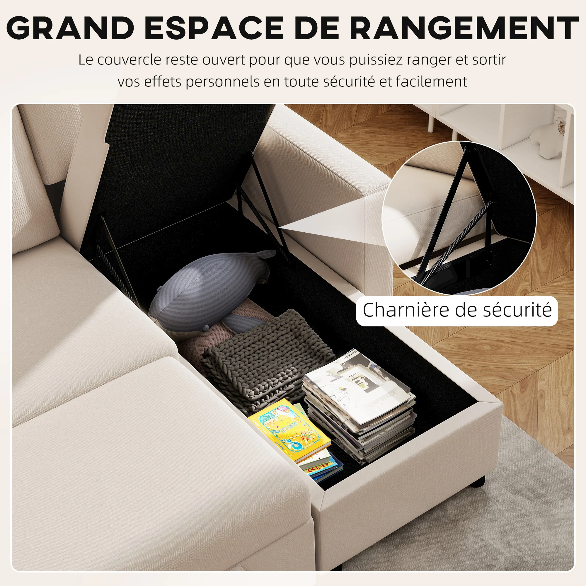 Canapé d'angle convertible canapé lit canapé 3 places modulable avec méridienne réversible, coffre de rangement intégré et 3 coussins de dossier, tissu aspect lin, crème - Image 7