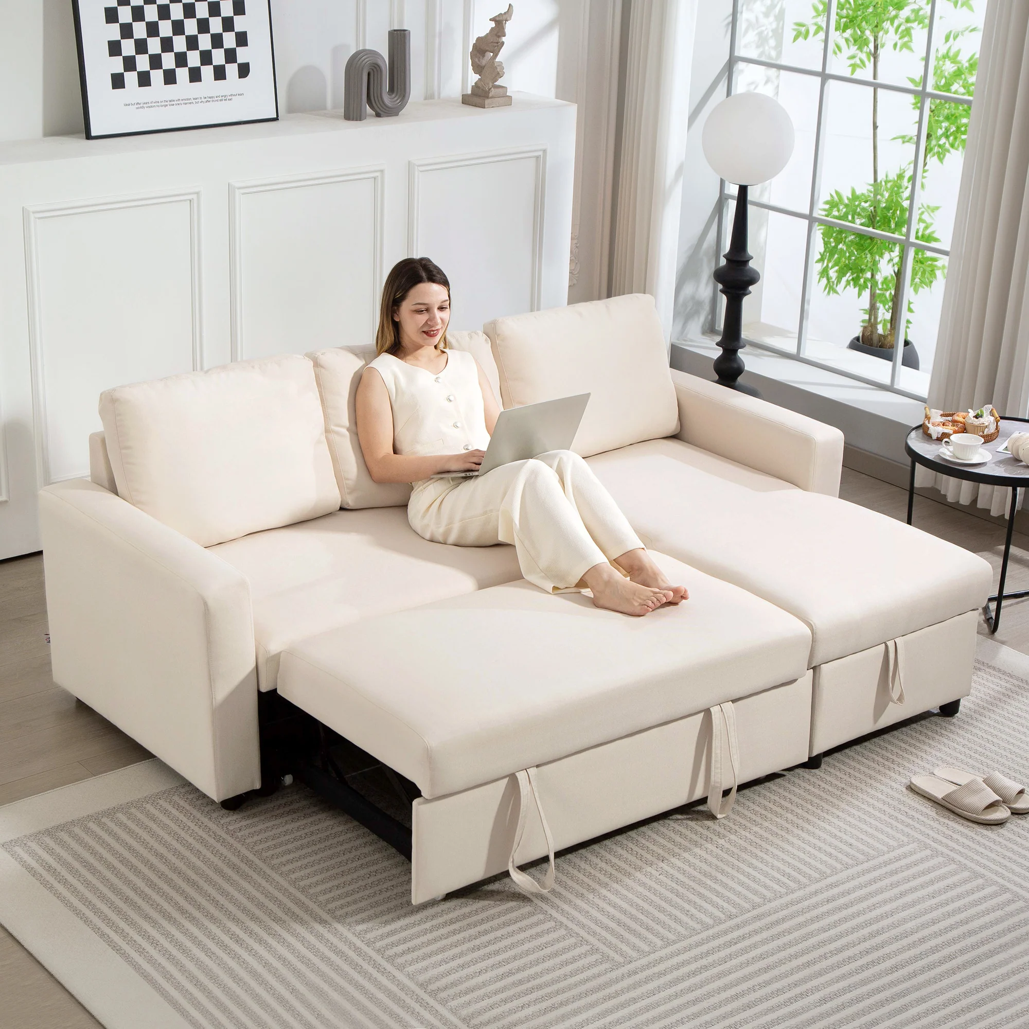 Canapé d'angle convertible canapé lit canapé 3 places modulable avec méridienne réversible, coffre de rangement intégré et 3 coussins de dossier, tissu aspect lin, crème - Image 8