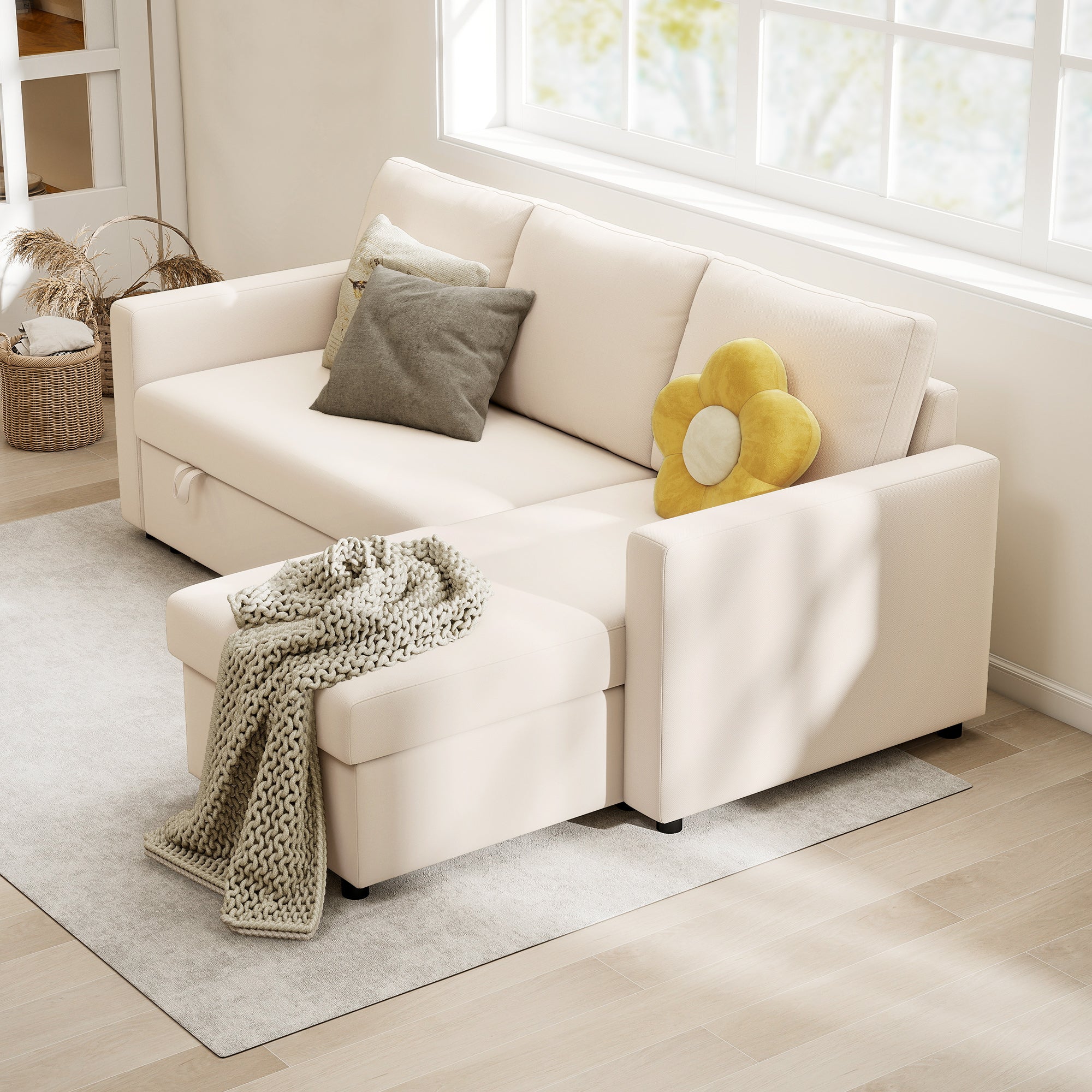 Canapé d'angle convertible canapé lit canapé 3 places modulable avec méridienne réversible, coffre de rangement intégré et 3 coussins de dossier, tissu aspect lin, crème - Image 9