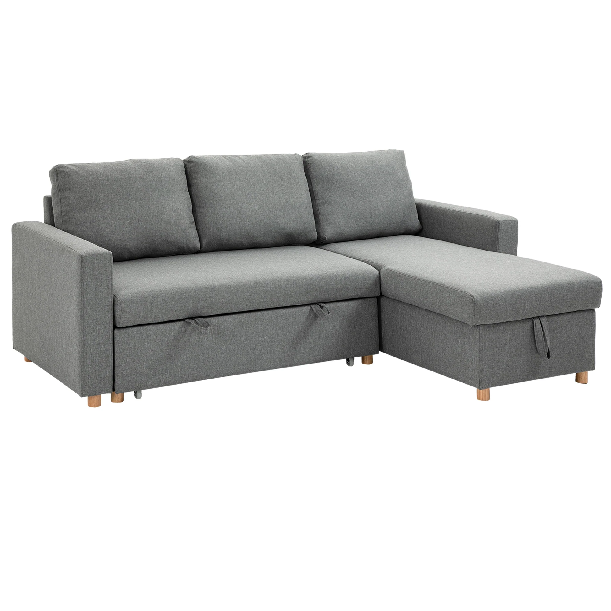 Canapé d'angle convertible canapé lit canapé 3 places modulable avec méridienne réversible, coffre de rangement intégré et 3 coussins de dossier, tissu aspect lin, gris - Image 11