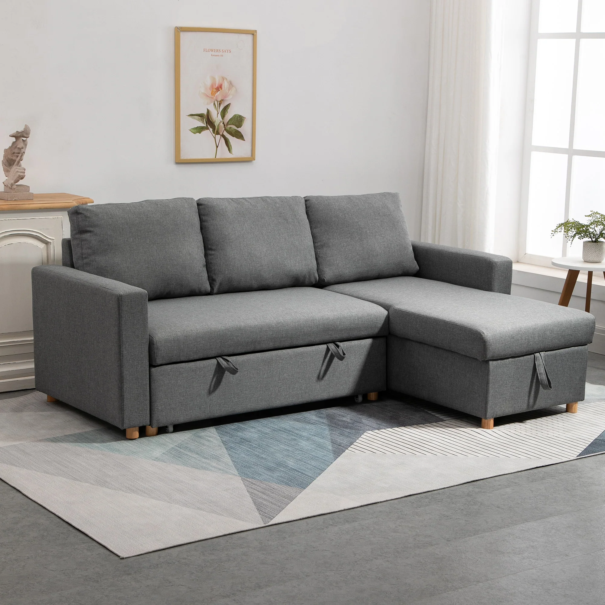 Canapé d'angle convertible canapé lit canapé 3 places modulable avec méridienne réversible, coffre de rangement intégré et 3 coussins de dossier, tissu aspect lin, gris - Image 3
