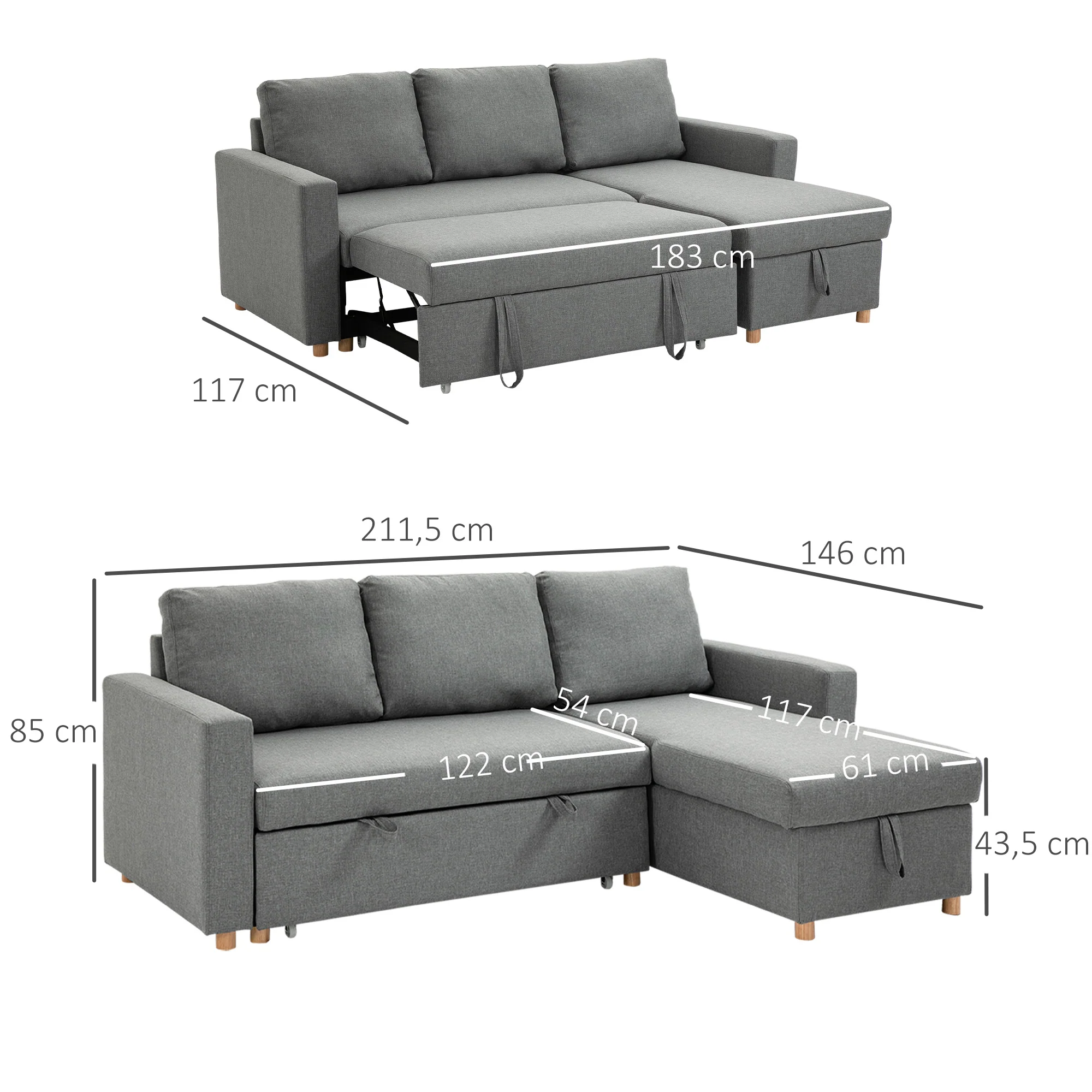 Canapé d'angle convertible canapé lit canapé 3 places modulable avec méridienne réversible, coffre de rangement intégré et 3 coussins de dossier, tissu aspect lin, gris - Image 4