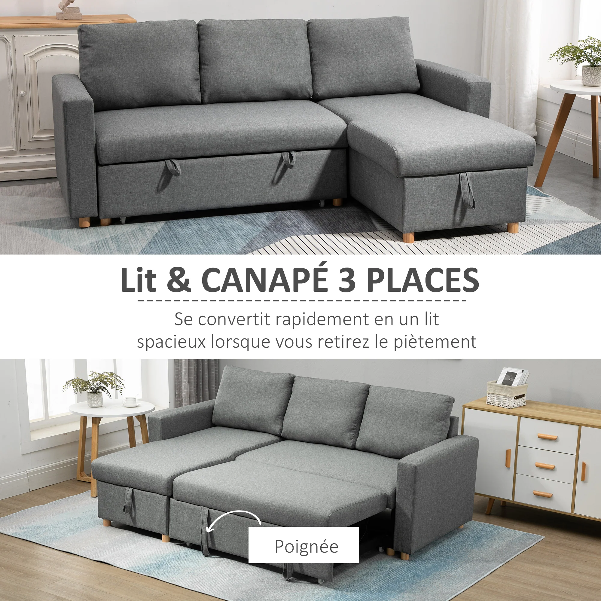 Canapé d'angle convertible canapé lit canapé 3 places modulable avec méridienne réversible, coffre de rangement intégré et 3 coussins de dossier, tissu aspect lin, gris - Image 5