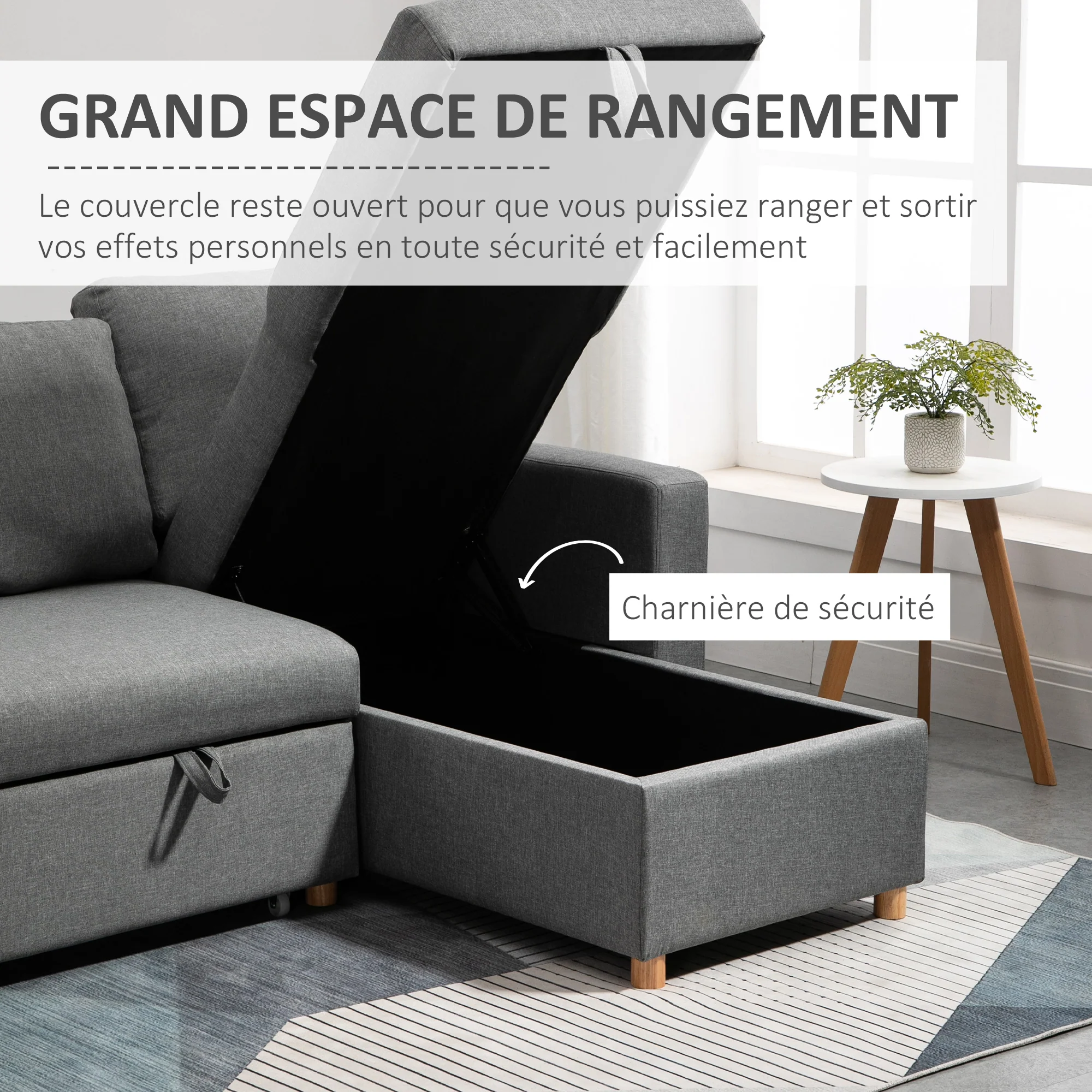 Canapé d'angle convertible canapé lit canapé 3 places modulable avec méridienne réversible, coffre de rangement intégré et 3 coussins de dossier, tissu aspect lin, gris - Image 6