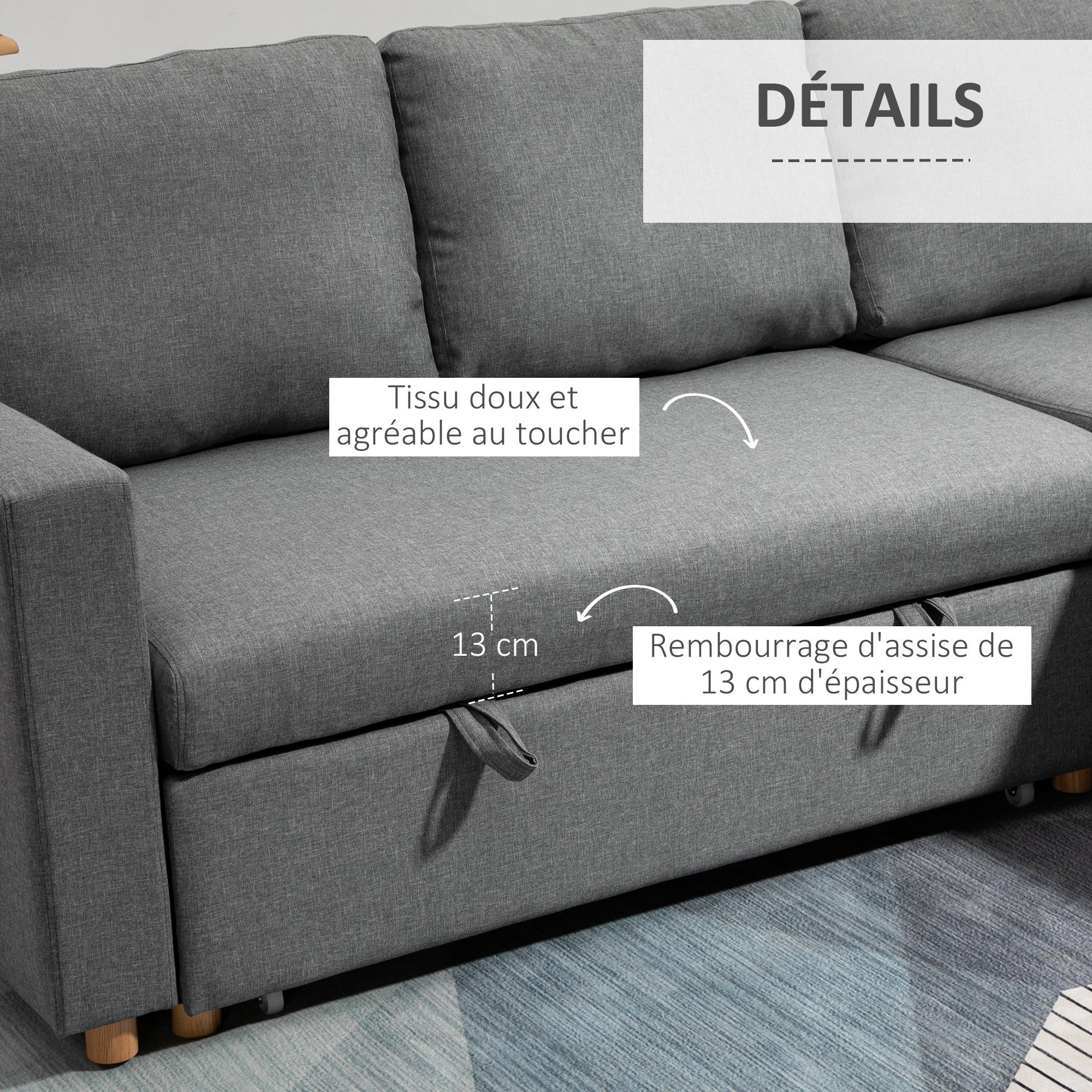 Canapé d'angle convertible canapé lit canapé 3 places modulable avec méridienne réversible, coffre de rangement intégré et 3 coussins de dossier, tissu aspect lin, gris - Image 7