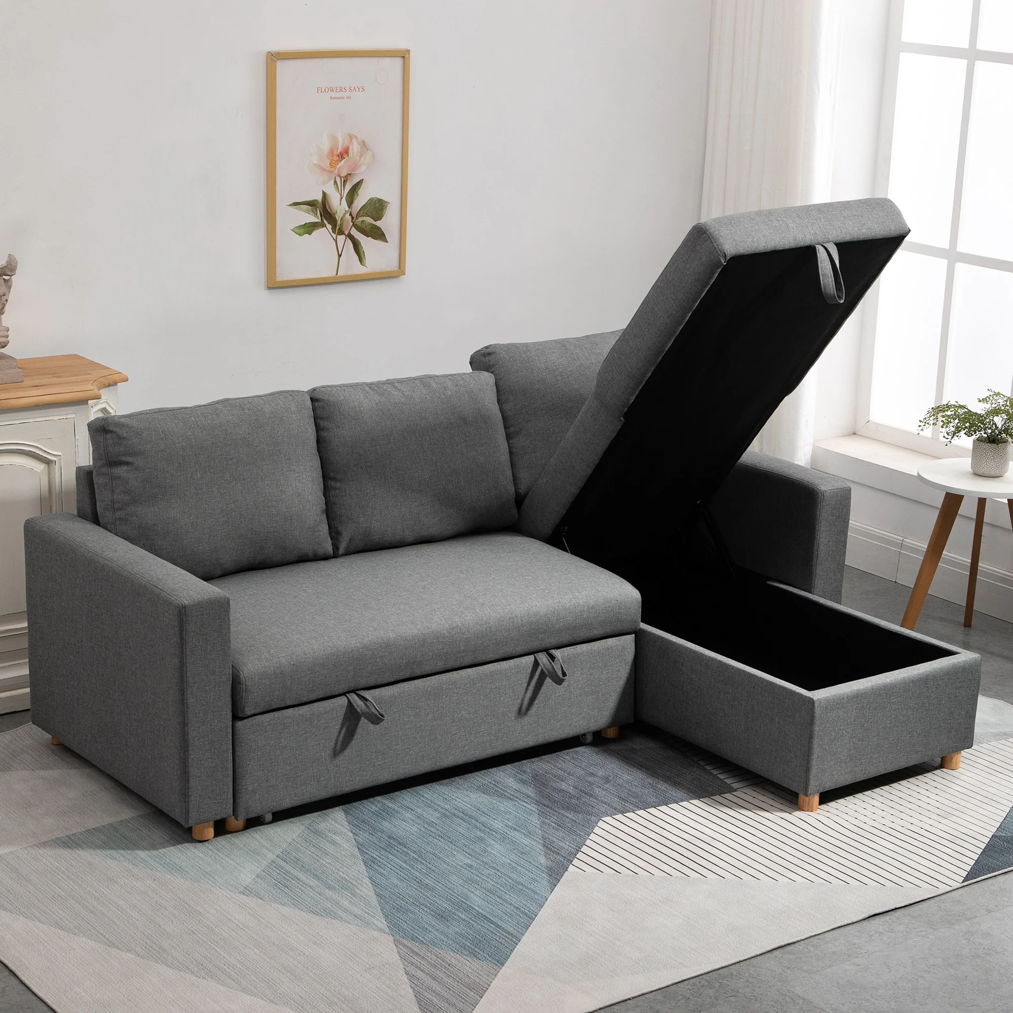 Canapé d'angle convertible canapé lit canapé 3 places modulable avec méridienne réversible, coffre de rangement intégré et 3 coussins de dossier, tissu aspect lin, gris - Image 8
