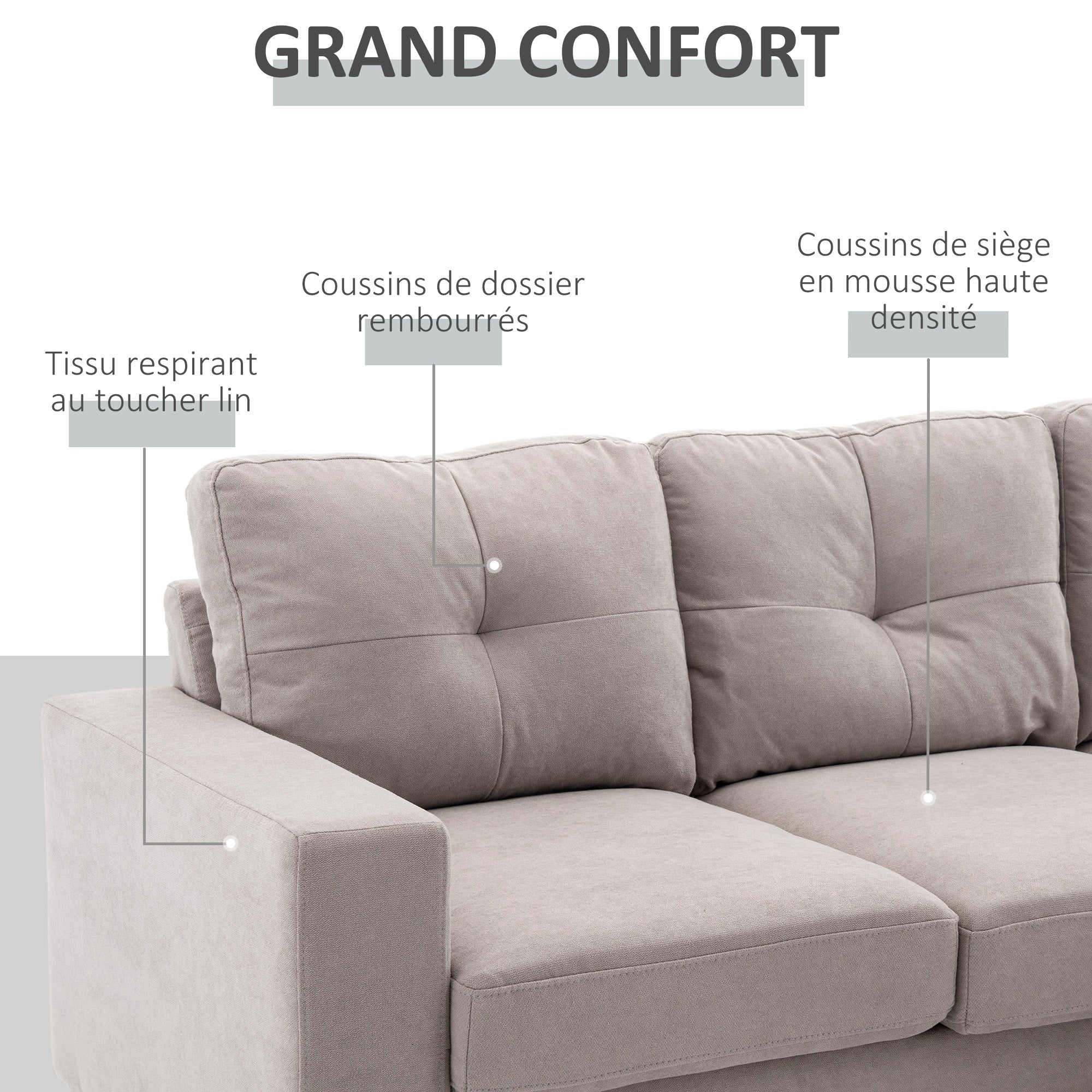 Canapé d'angle en tissu de lin, canapé 3 places, chaise longue reversible gauche ou droite, 193 cm, design scandinave, pour salon, appartement, petit espace, pieds en bois massif, gris clair - Image 5